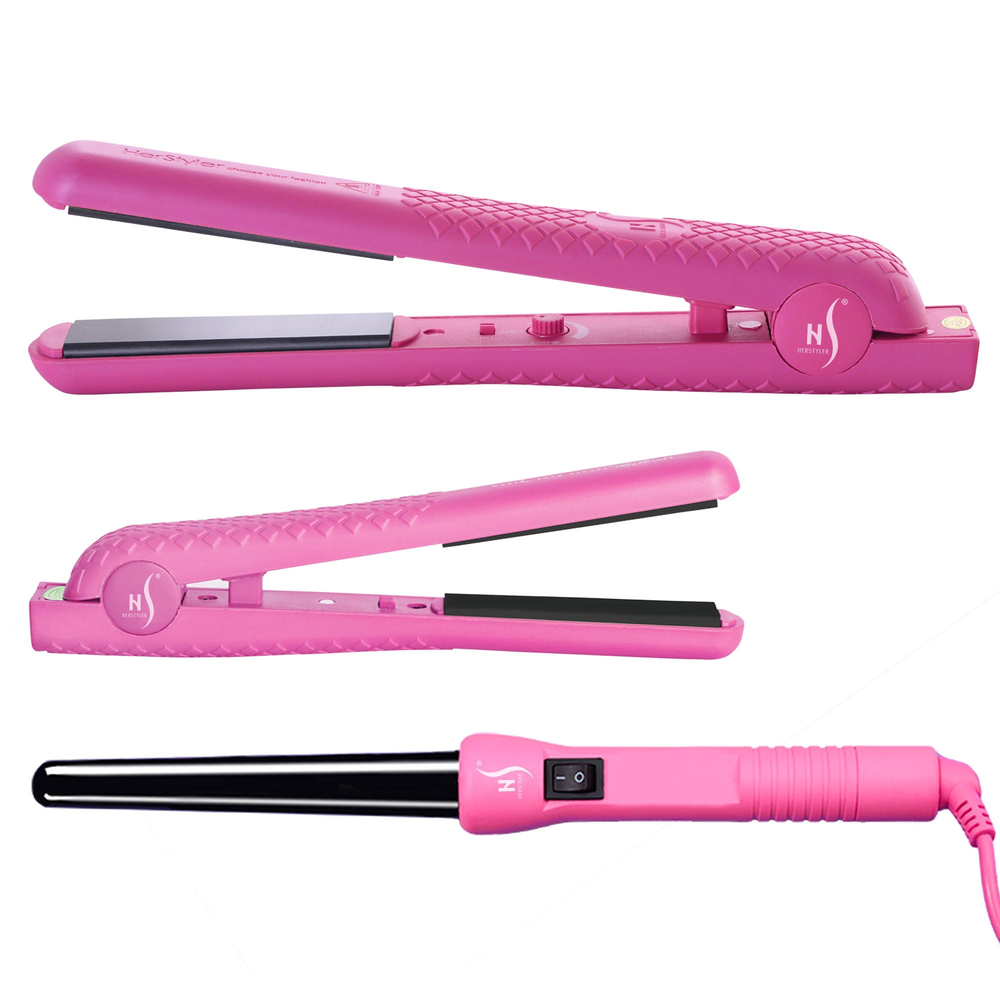 HerStylerStraightener Curling Iron Combo - Mini Flat Iron, Ceramic Hair Straightener and Curler Set - for All Hair Types - Dual Voltage - Travel Friendly - Pink