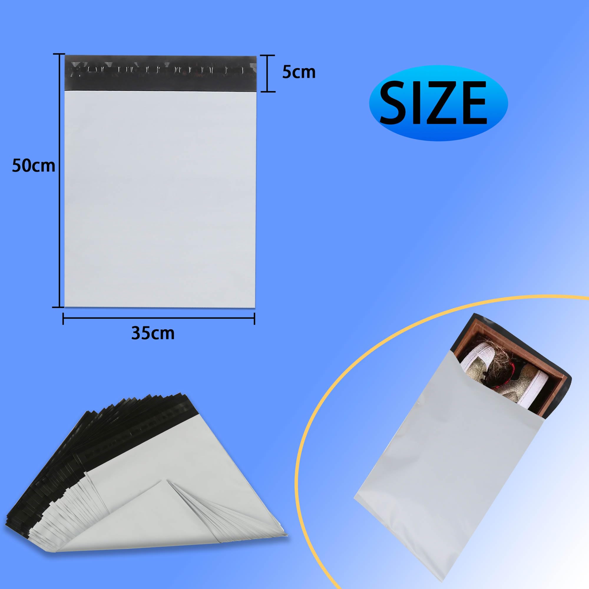 newlng Lot de 100 sacs d'expédition 35 cm x 45 cm + 5 cm en plastique pour vêtements, marchandises, textiles, carton à chaussures, opaques, indéchirables et inviolables, blancs