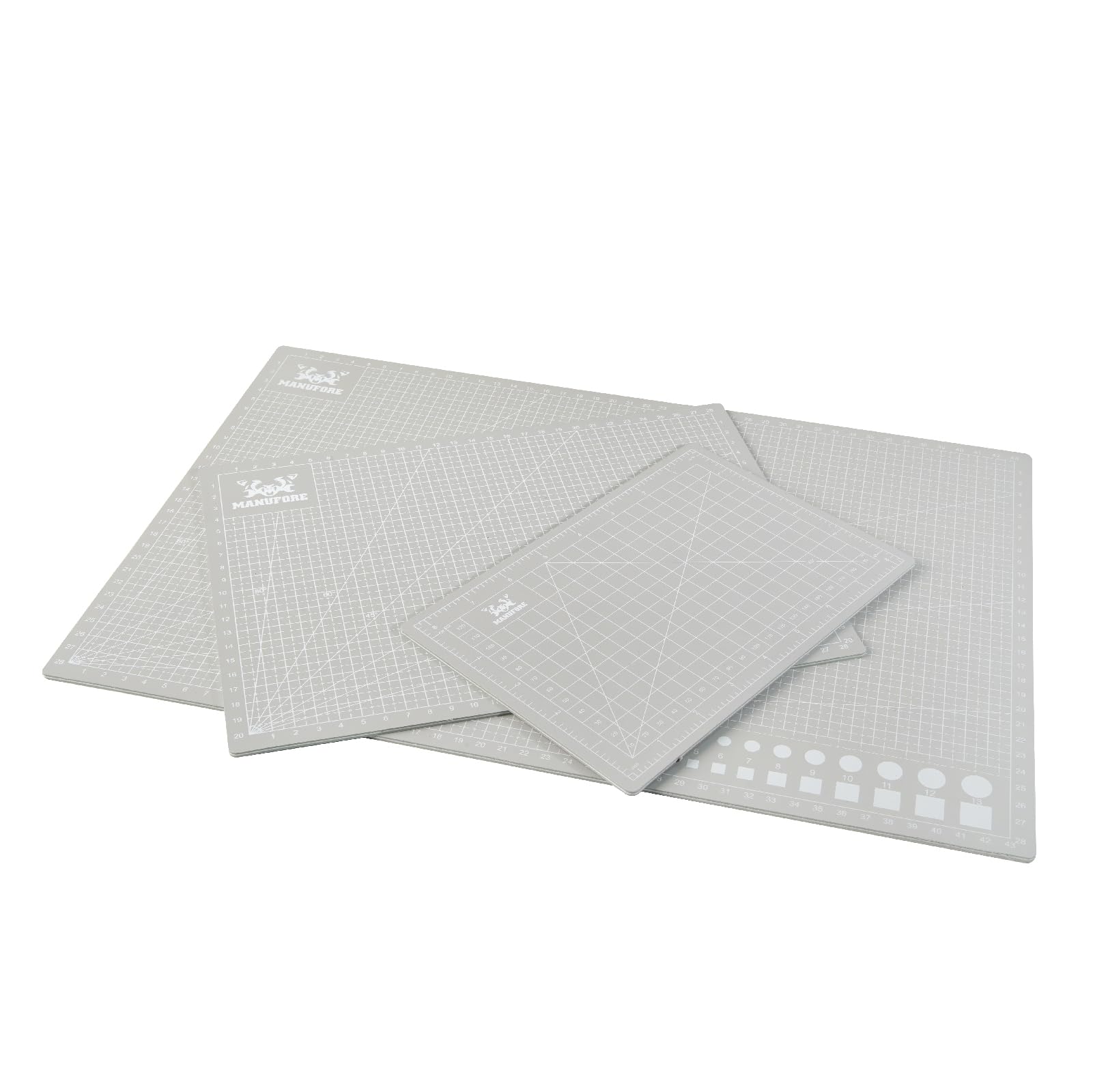 MANUFORE Lot de tapis de découpe gris A3, A4, A5 avec échelle en centimètres et en pouces, planche à découper auto-cicatrisante avec 5 épaisseurs de 3 mm pour l'utilisation d'un cutter rotatif, d'un