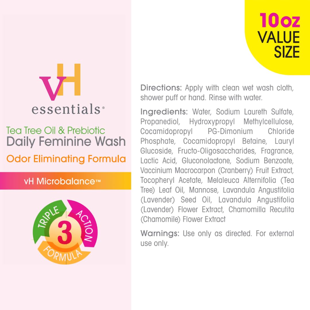 vH Essentials Daily Feminine Wash - 6 Fl Oz - Odor Eliminating Vaginal Wash with Tea Tree Oil, Prebiotics and Lactic Acid for pH Balance, Odor Defense and Vaginal Health: Original 10 Fl Oz (Pack of 1)