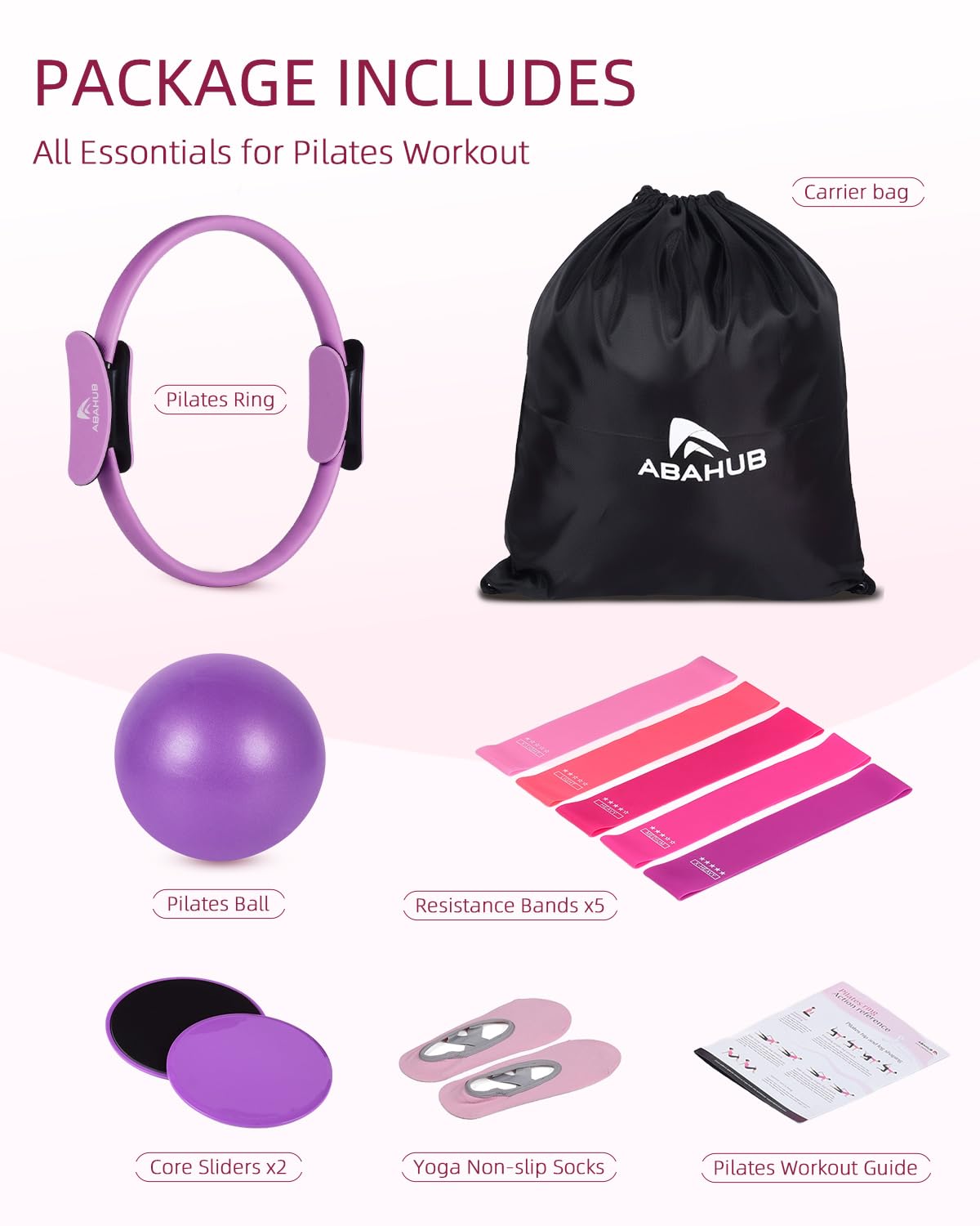 Abahub Kit Pilates Completo para Casa, Set Multi-Pieza con Aro de Pilates 35cm, Bandas de Resistencia y Accesorios – Equipo de Entrenamiento Femenino, Glúteos, Tonificación y Estabilidad