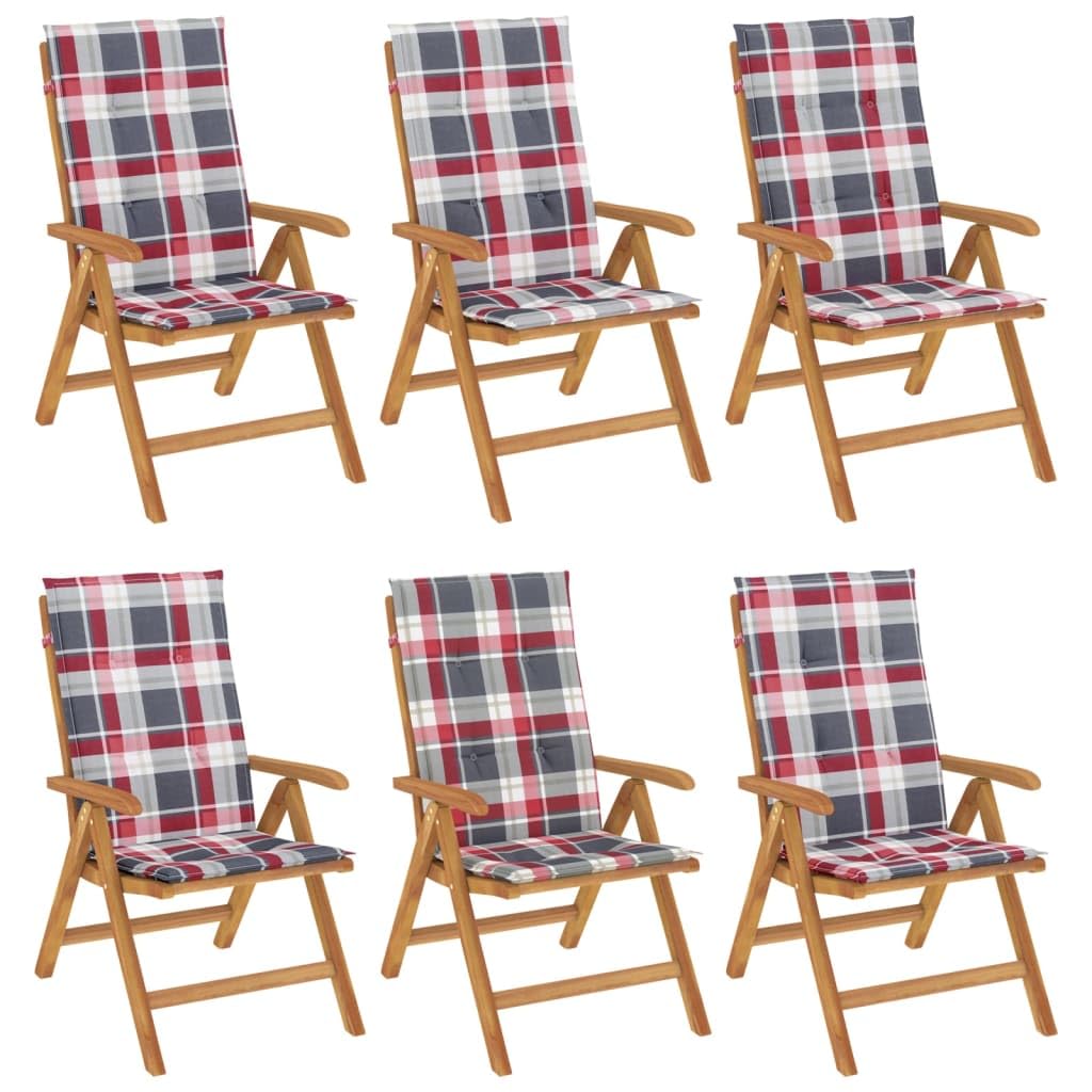 Sedie da giardino in teak con cuscino, 6 pezzi, in legno massiccio, regolabili, pieghevoli, portata 110 kg, impermeabili, per balcone, terrazza e giardino