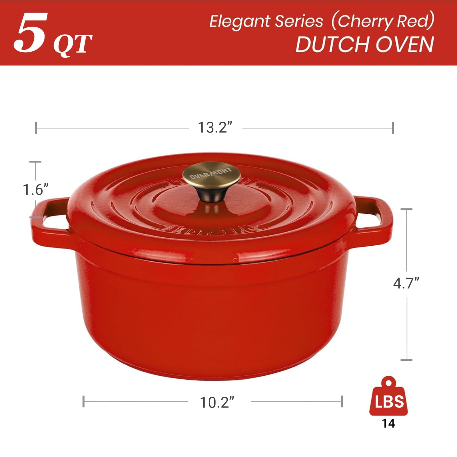Overmont Cocotte en fonte émaillée – Casserole de 4,7 l avec couvercle – Livre de cuisine et maniques en coton – Batterie de cuisine robuste pour braiser, ragoûts, rôtir, cuire du pain, rouge