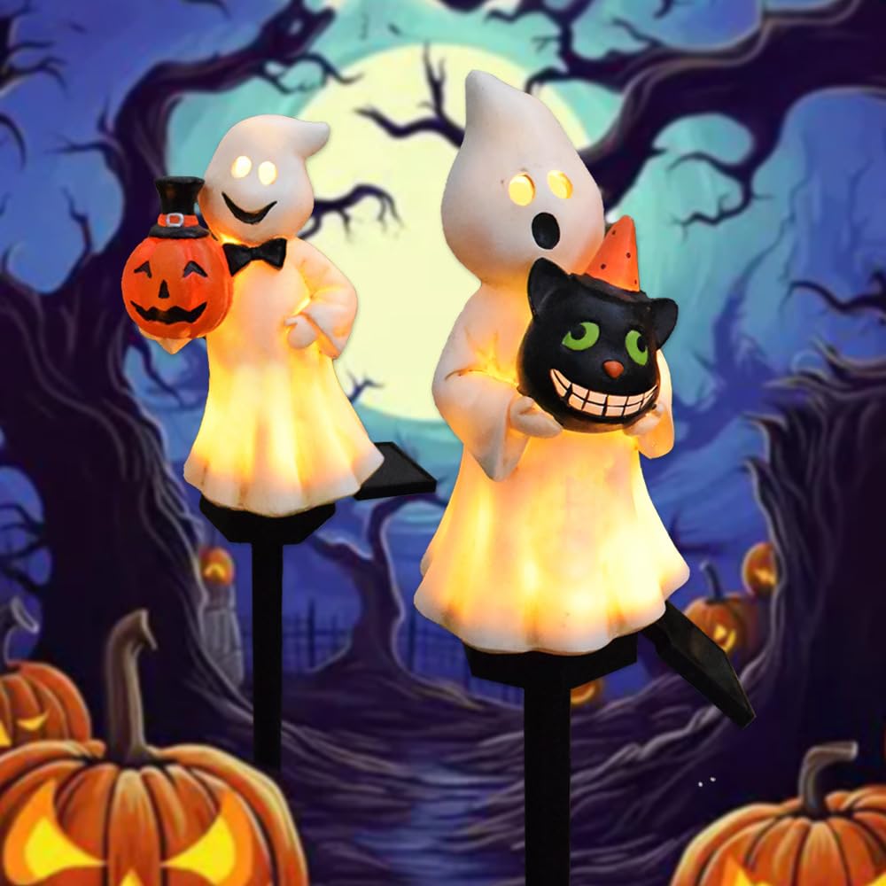 YZYOE 2 Pack LED Solar Powered Ghosts Pumpkin Head Ground Lights, Halloween Outdoor Atmosphere Decorative Lamps, Cute Resin Ghosts Head Courtyard Landscape Light.