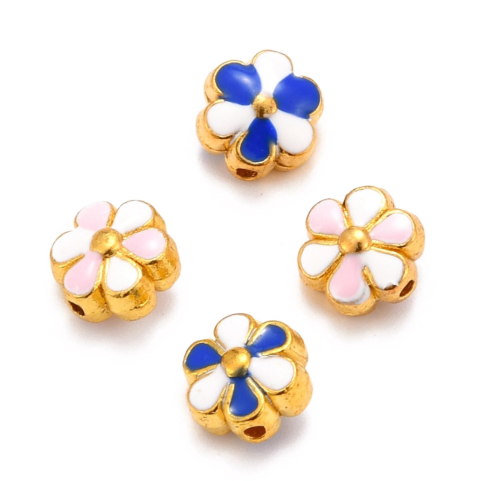 Airssory 5 Pcs Pink and Blue Enamel Flower Shape Spacer Beads Golden Metal Color Floral Beads 6 Petals Flower Beads for Jewelry Making Bracelet Necklace Earrings DIY