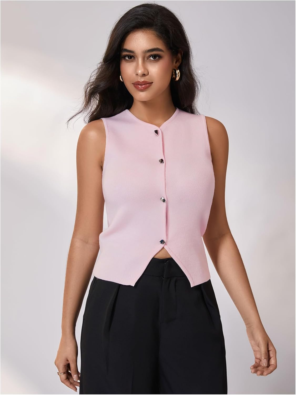 SHENHE Women's Sleeveless Sweater Vest Knit Crew Neck Button Casual Spring Summer Waistcoat Cardigan - Image 3