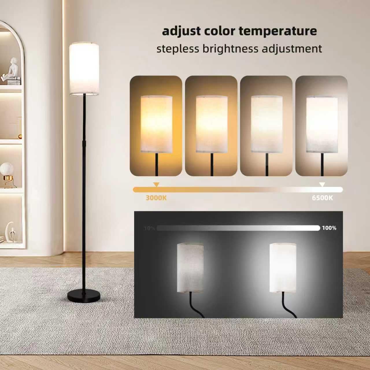 Height-Adjustable Tall Floor Lamp (Up to 71'') with Flexible Arm & Remote Control - Modern Standing Lamp with Dimmable 12W LED Bulb & Lampshade, Slim Design, Flat Plug for Living Room, Bedroom, Office