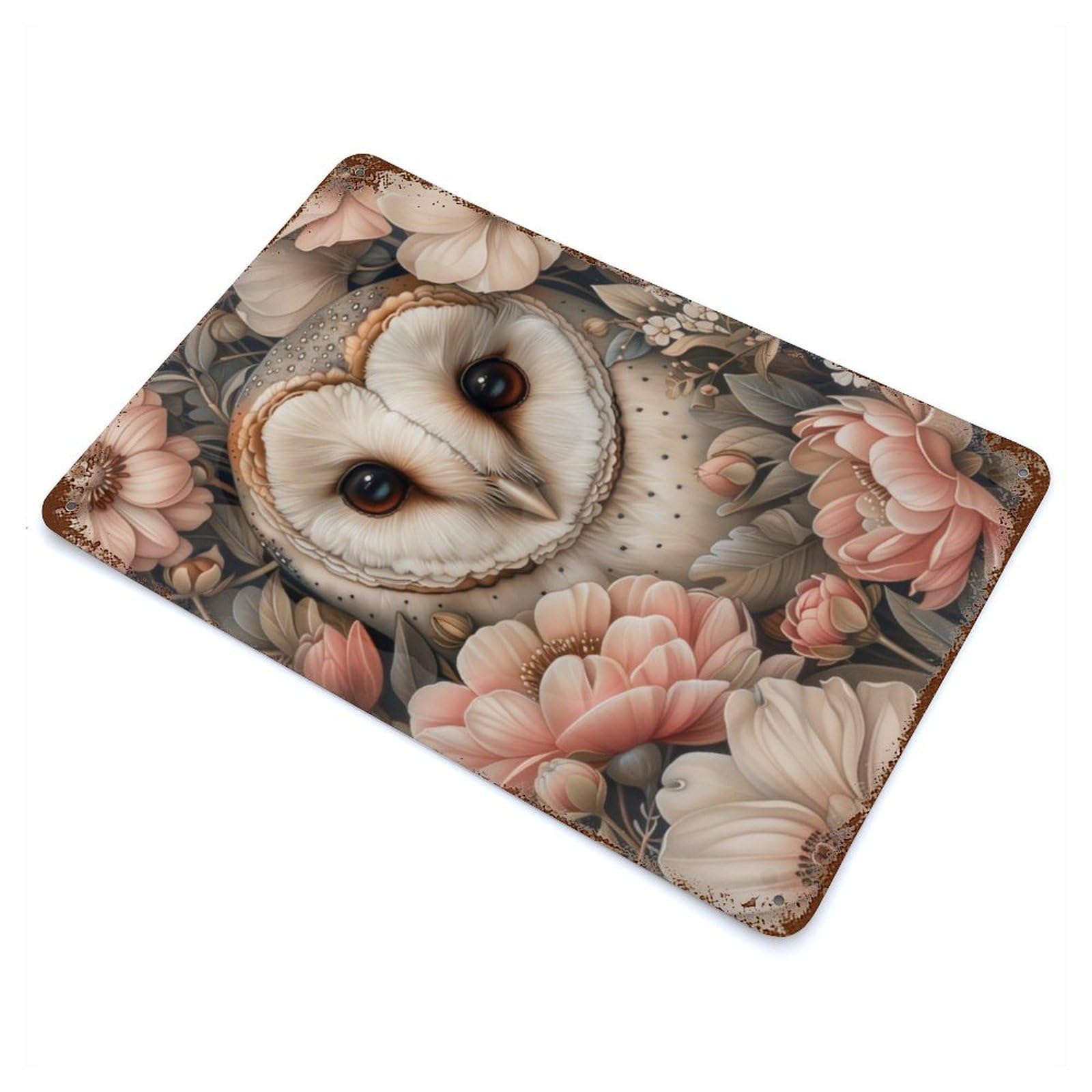 Whimsical Owl with Flowers Rusty Metal Tin Sign 11.8"x7.9", Ideal for Patio, Garden Room And Bar Decor