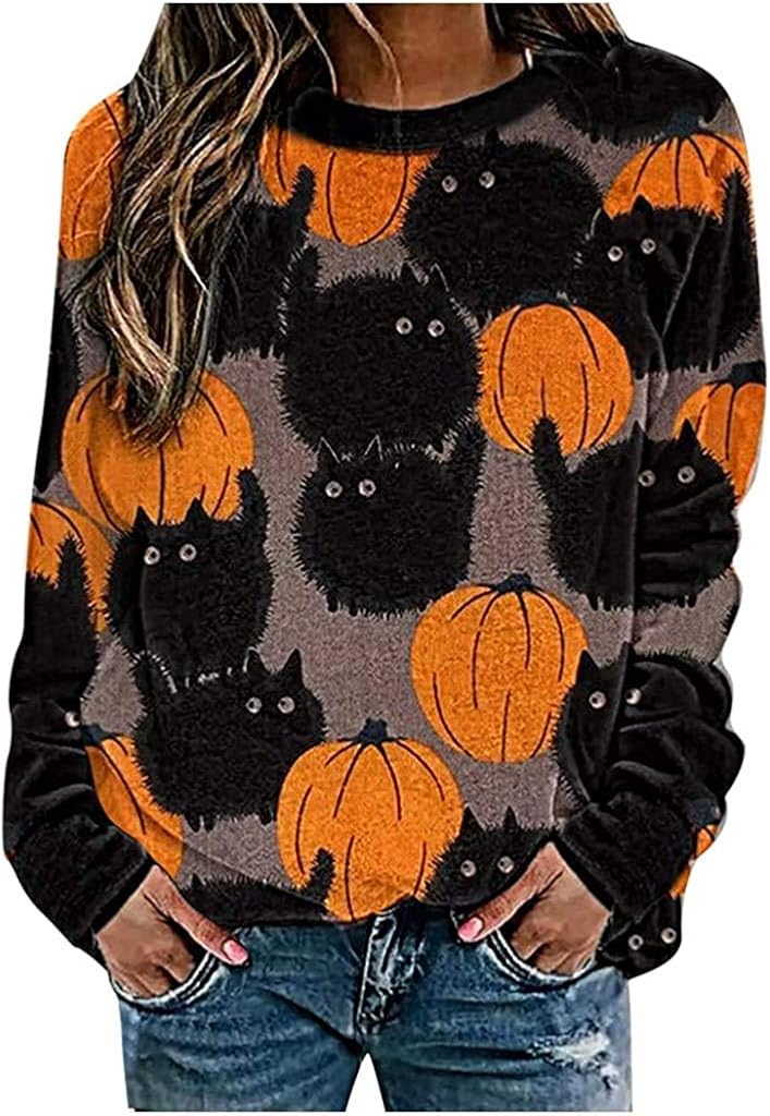 Womens Halloween Sweatshirt Pumpkin Cat Print Shirts Casual Loose Fit