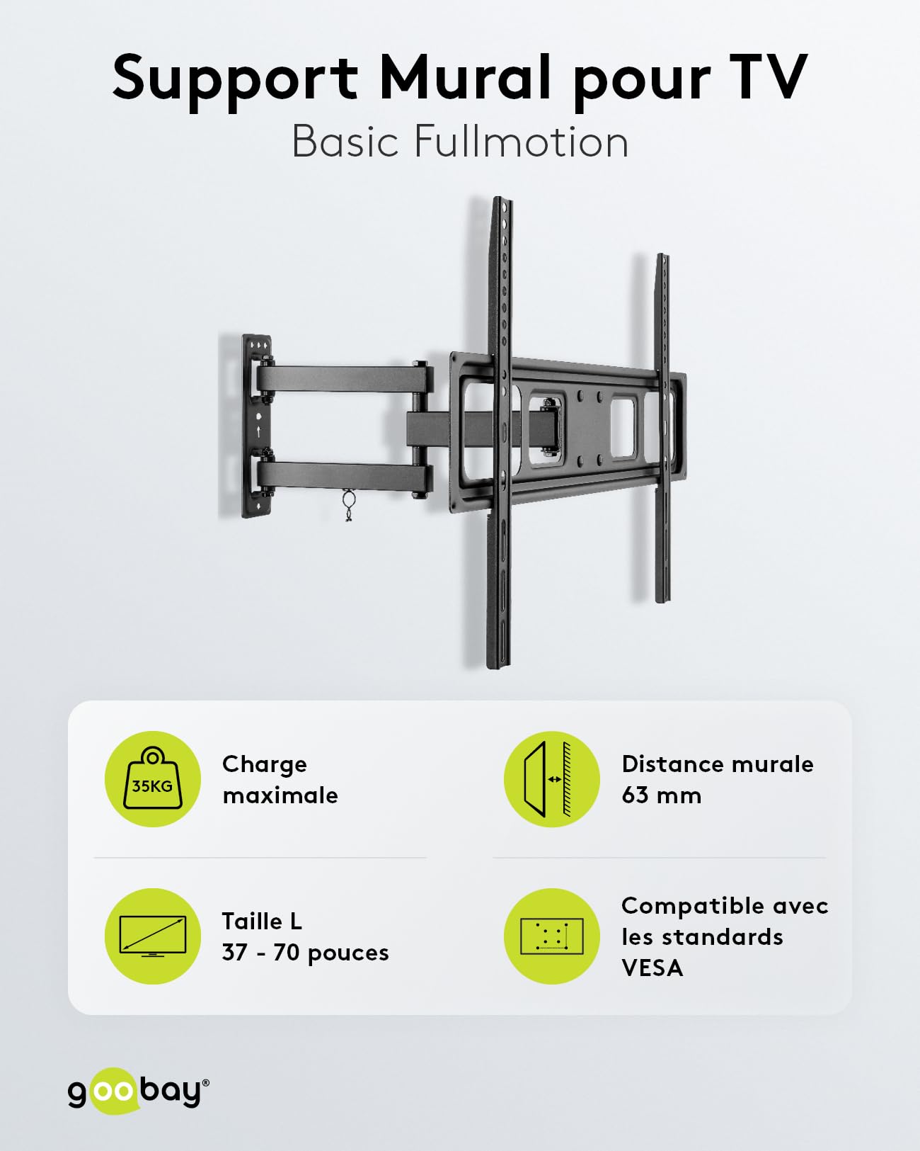Goobay 49745 Support Mural TV Orientable et Inclinable pour écrans 37-70 Pouces (94-178 cm) / Accroche Television Mural Charge Max. 35 KG/Fixation Murale TV pour Tele VESA 300 x 300