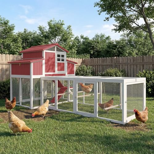 Extra Large Chicken Coop with Run for 6-8 Hens, Outdoor Chicken Hen House with 4 Nesting Boxes, Pull-Out Tray, 5 Perches, 2-Story Wooden Poultry Cage with Dual-Side Egg Collection