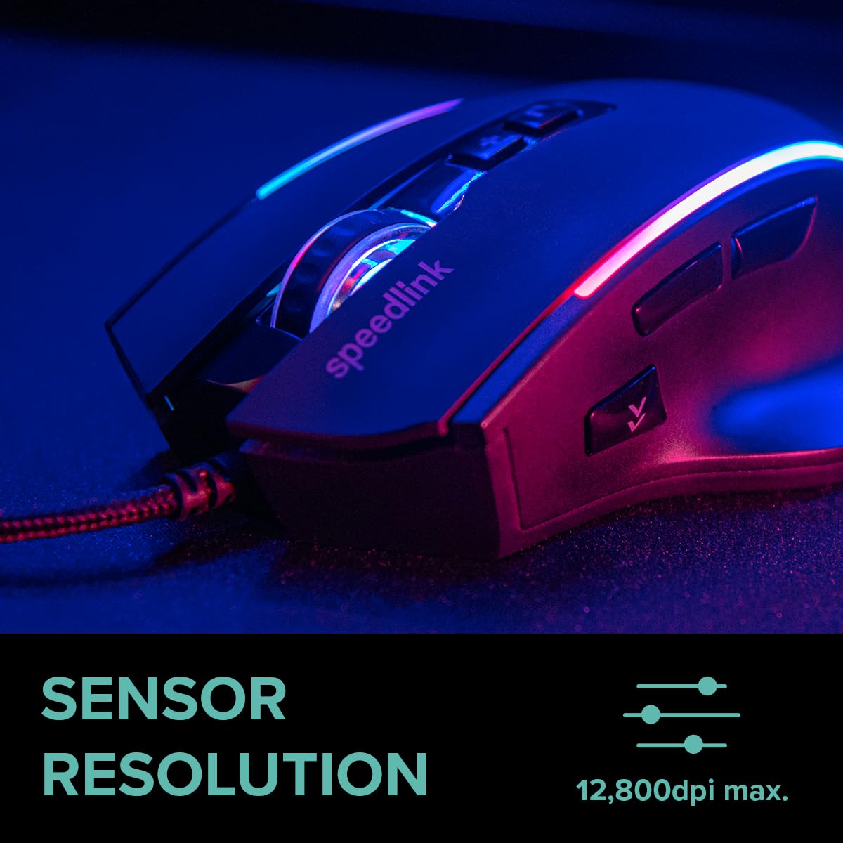 Speedlink DECUS NX - RGB Gaming Maus mit Kabel, bis 12800dpi, Programmierbar, Dauerfeuer Taste, USB kabelgebunden ummantelt, 1000Hz Pollingrate, schwarz