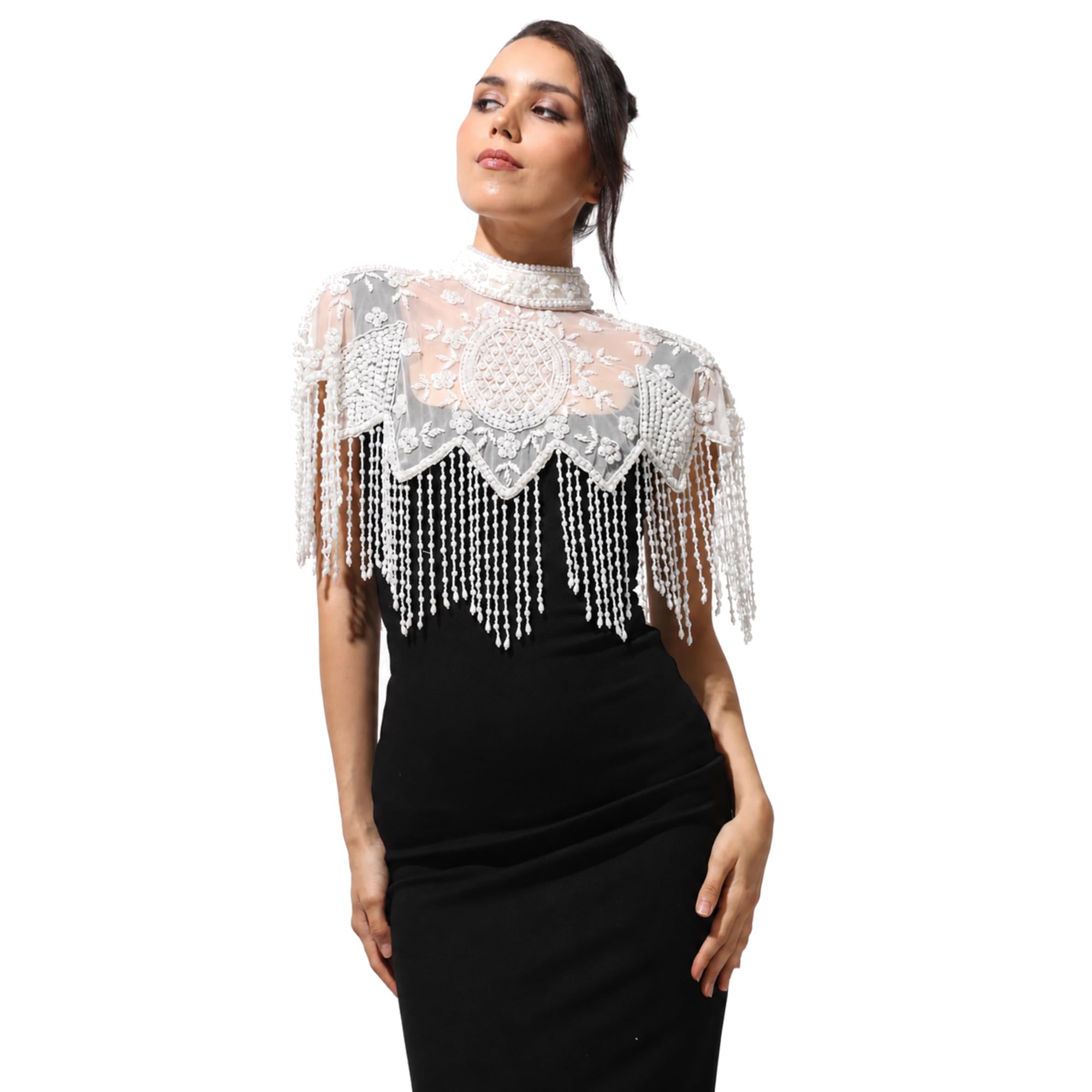 Women's Pearl Beaded Lace Cape Shawl with Fringe Tassels, White-image-17