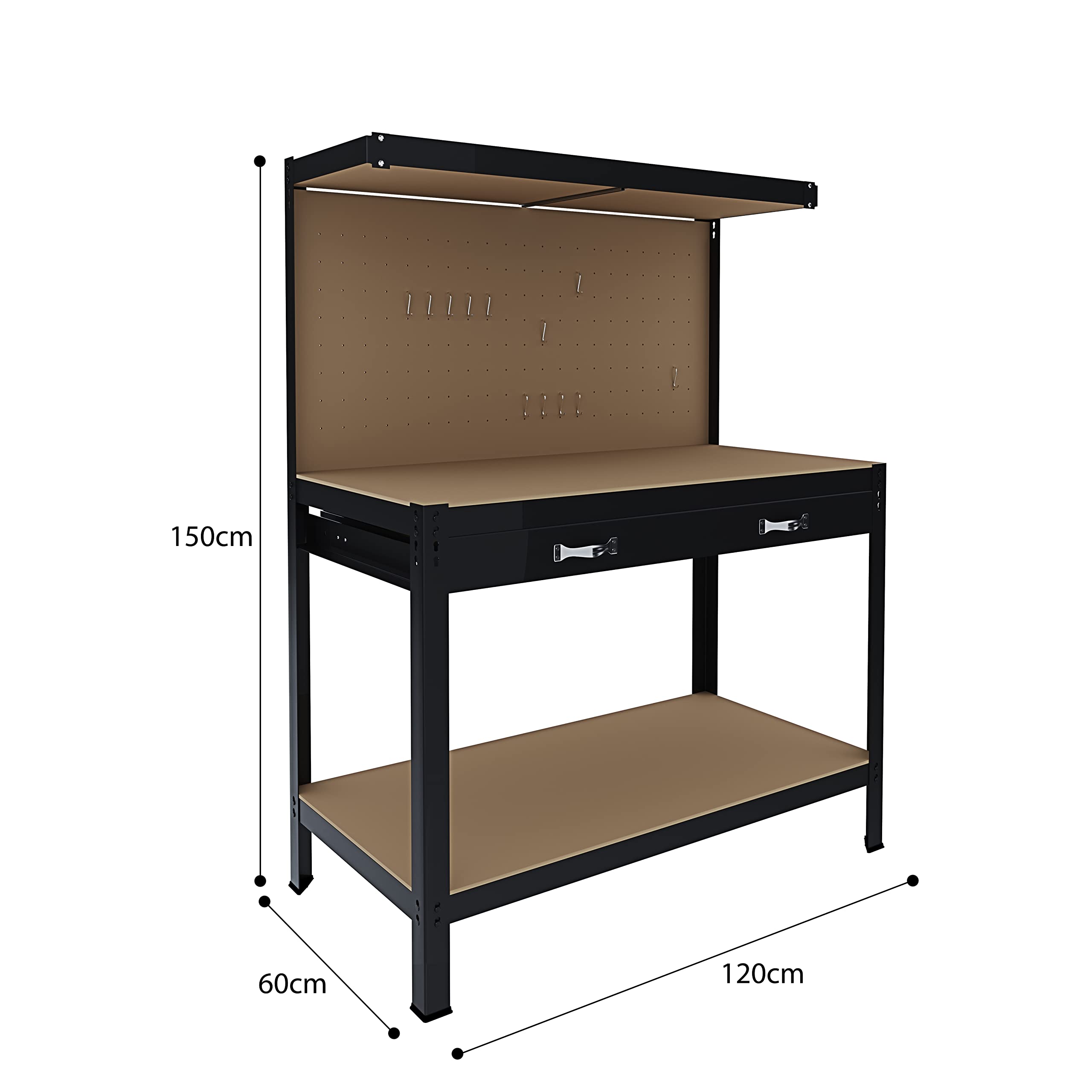 Banco da Lavoro 3 Livelli 120x60 cm 370 kg Cassetto Pannello Forato Nero