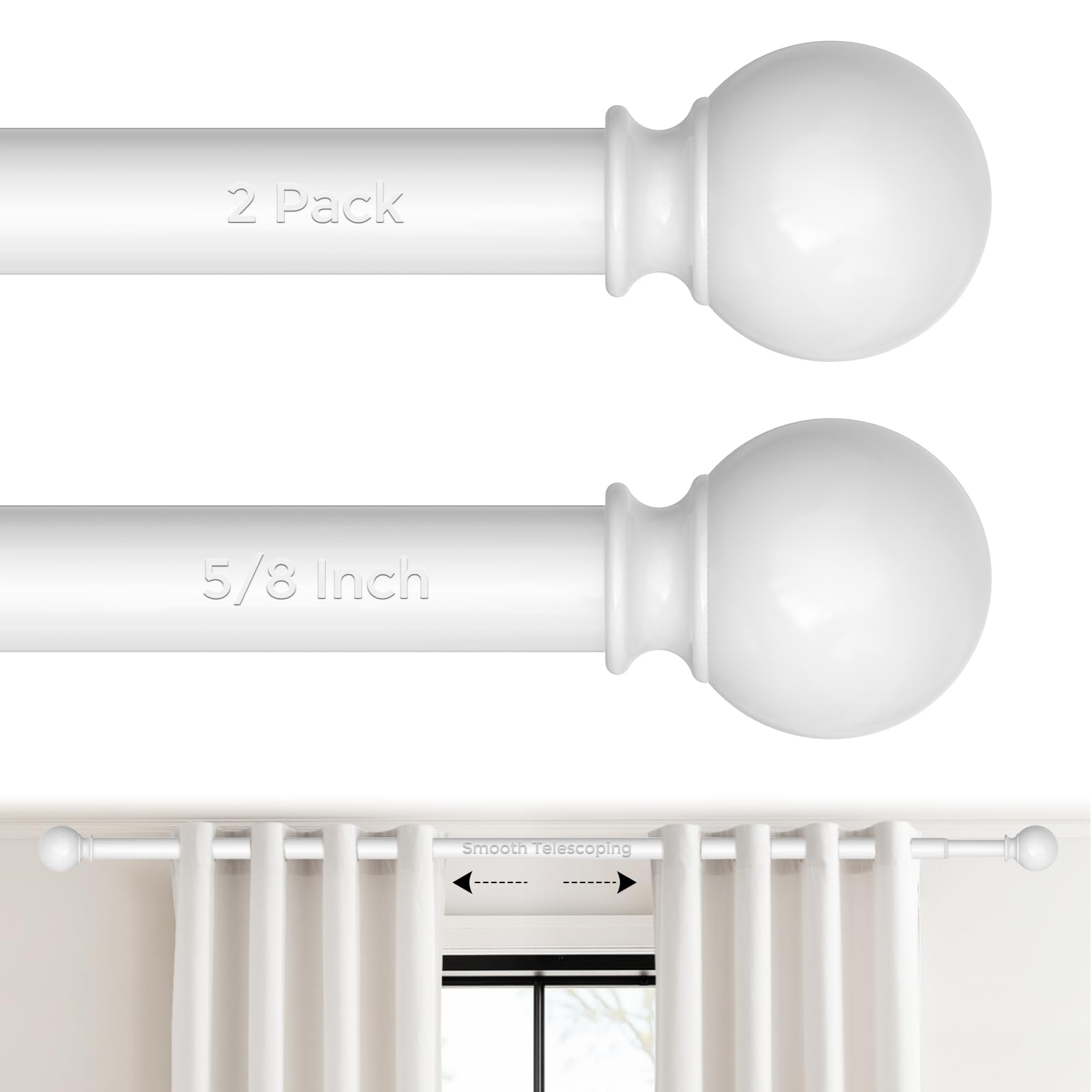JRZOO 2 Pack White Curtain Rod for Windows 18-45 Inch, 5/8 Inch Small Window Treatment Rods, Short Adjustable Splicing Drapery pole, White