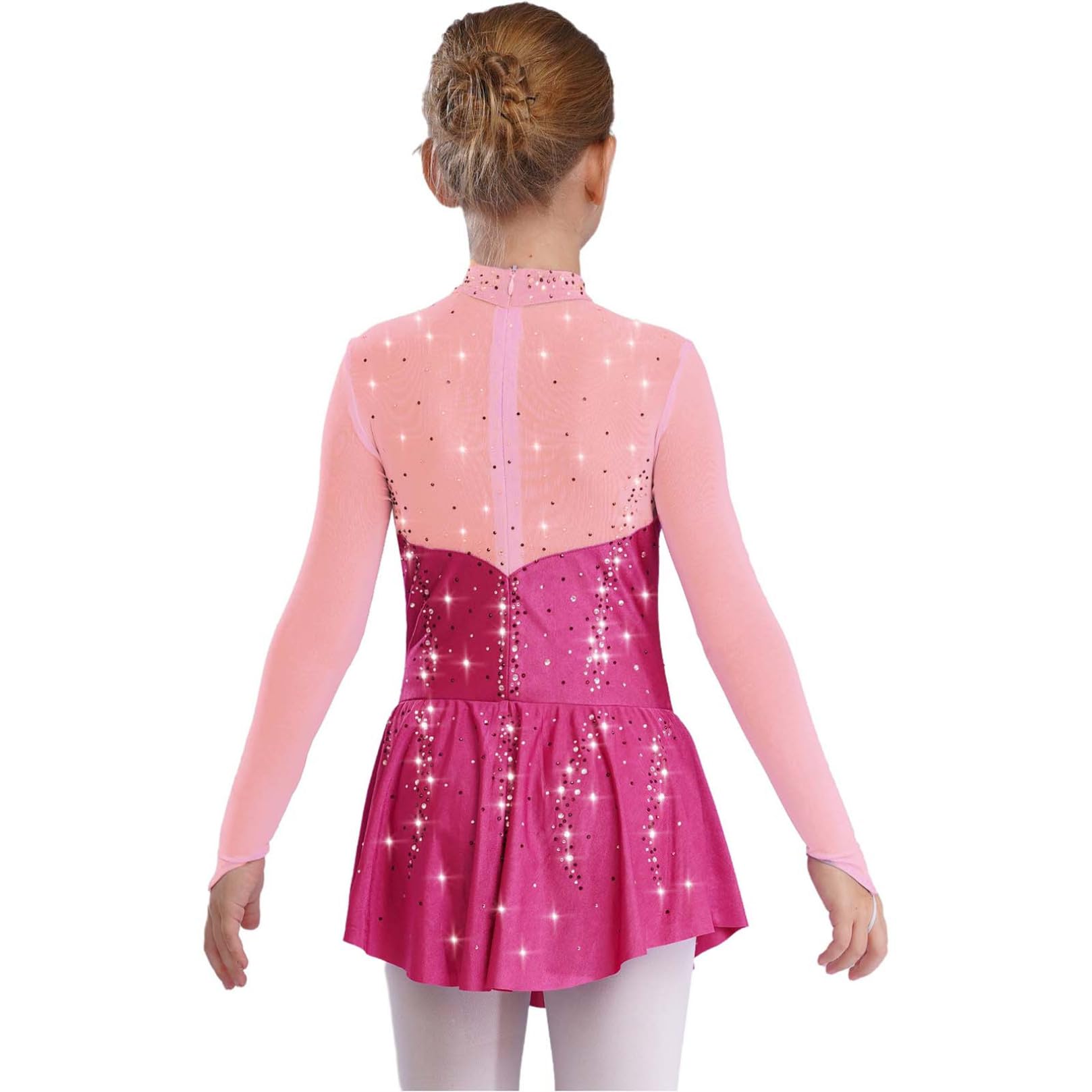 Robe Patinage Artistique Manches Longues Strass Justaucorps Gymnastique Enfant Fille 5-16 Ans