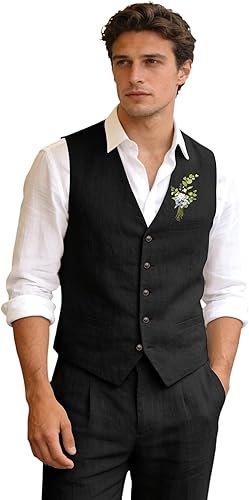Aowdoy Men's Suit Linen Beach Wedding Suit Prom Tuxedos for Groomsmen Vest+Pants