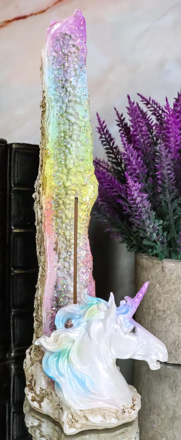Ebros Fantasy Colorful Rainbow Sacred Unicorn Mare Horse by Crystal Quarry Pillar Incense Holder Burner Figurine Aromatherapy Accessory Decor Collectible Magical Unicorns Theme