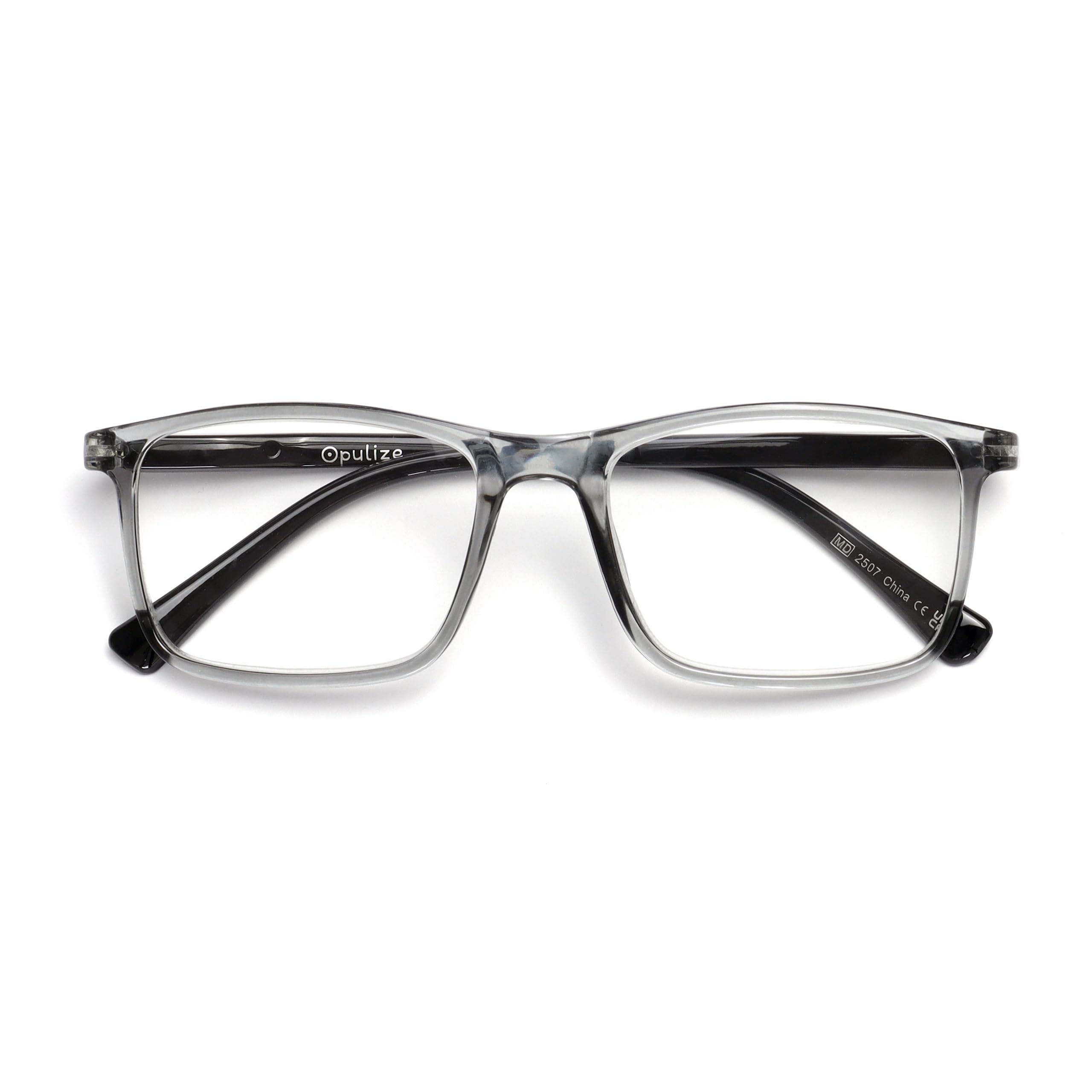 OPULIZE INK Reading Glasses - Large Rectangular Frame - Spring Hinges - Scratch Resistant - Transparent Grey Black Arm - Mens Womens +2.50