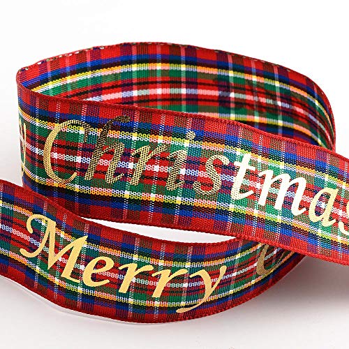 Italian Options Merry Christmas Tartan Check Ribbon, Scottish Christmas Ribbon for Crafts, Gift Wrapping, Wreaths, Tree Decorations, Hair Bows, Tartan Red, Gold Foil, 25 mm x 10 Metre Roll