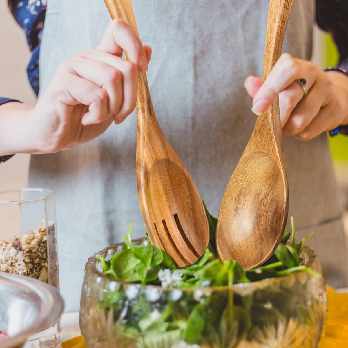 Set 2 Pezzi Servitori di Insalata Cucchiaio Forchetta in Legno