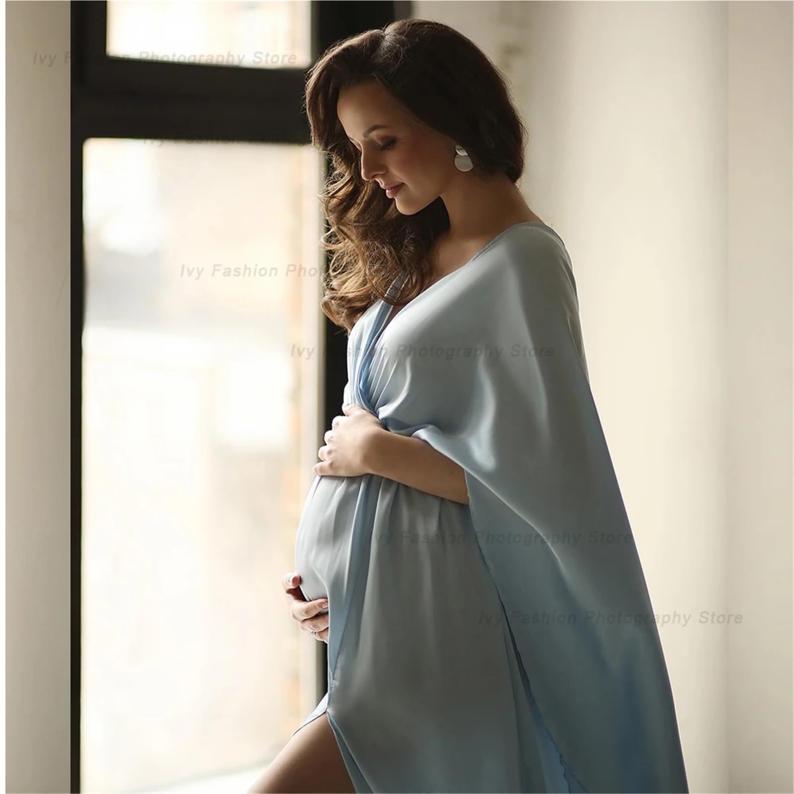 Robe Grossesse Robe de maternité for séance Photo, Bleu Ciel, élégante, en Satin, Manches Longues, Robe Baby Shower, Photographie for Femme
