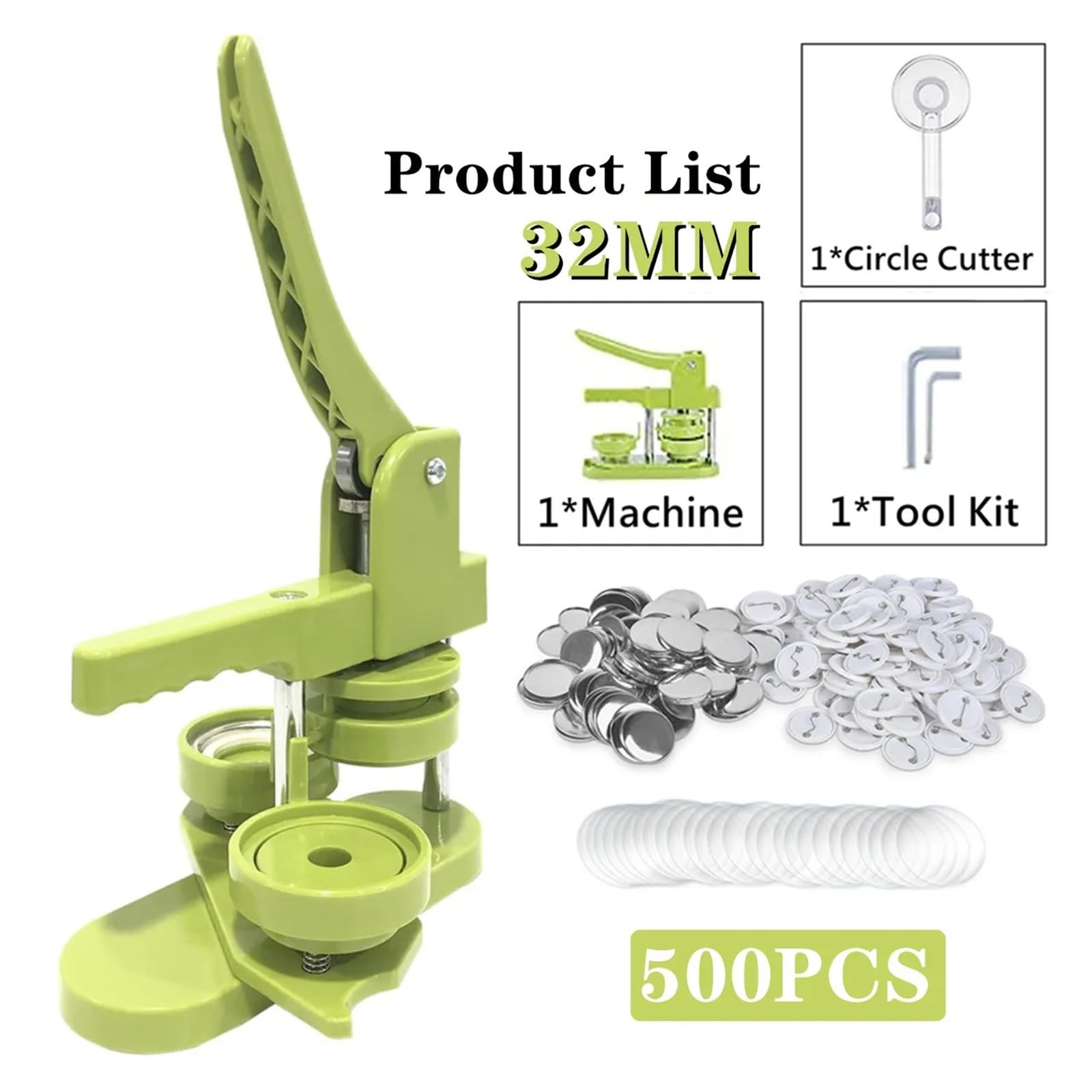 Zestaw do cięcia odznaków, Maszyna do odznaków, 25 MM-58 MM maszyna do robienia plakietek z 100-500 sztuk części guzików + wycinarka kółek, DIY Pin broszka odznaki prasa zestaw maszyn(32mm 500pcs butt