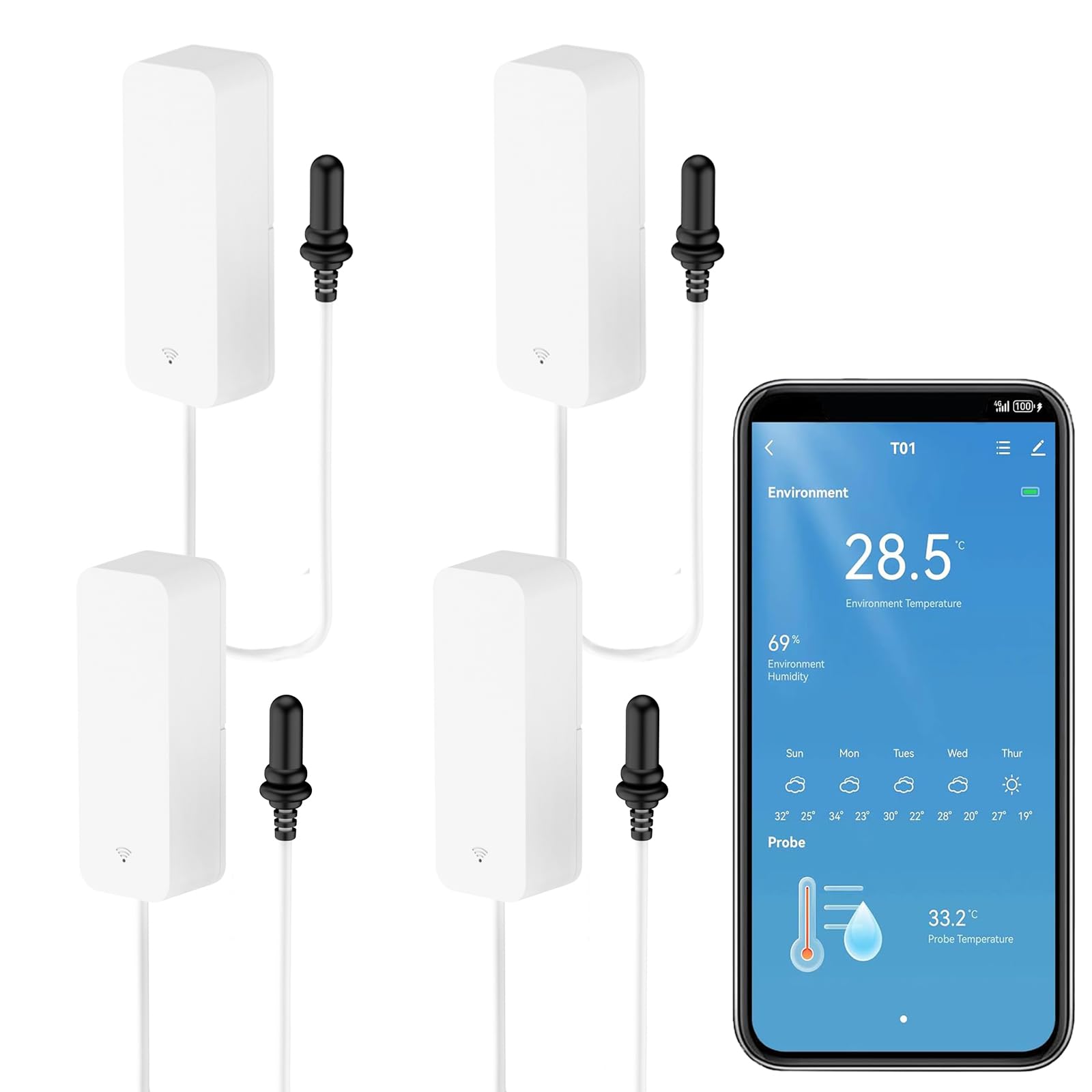 Termometro igrometro Smart con sonda, misuratore di temperatura e umidità per acquario WiFi con monitoraggio remoto tramite app, sensore di temperatura per frigorifero interno, compatibile Alexa. 4PCS