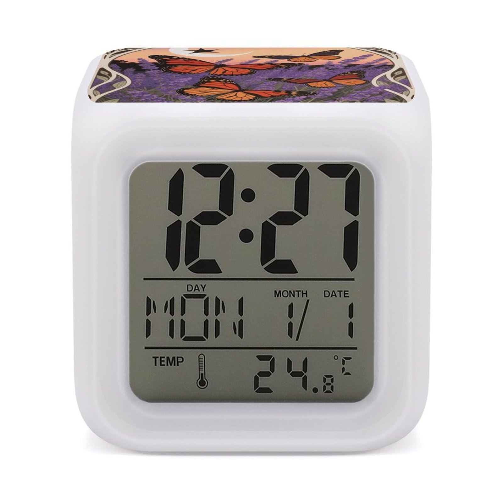 7 Color Ambient Night Light Cube Battery Operated Fluttering Butterflies Digital Clock with Snooze Temperature LED Digital Alarm Clocks Dimmable Wake Up Light Portable Mood Lamp for Bedroom Desk Gift
