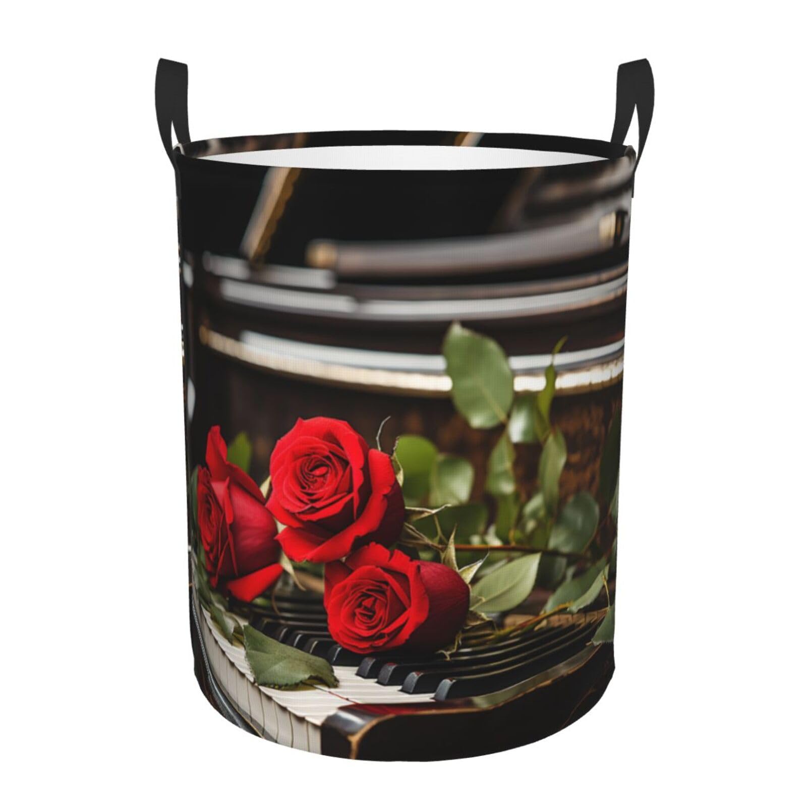 Grand panier à linge pliable motif rose et piano avec poignées