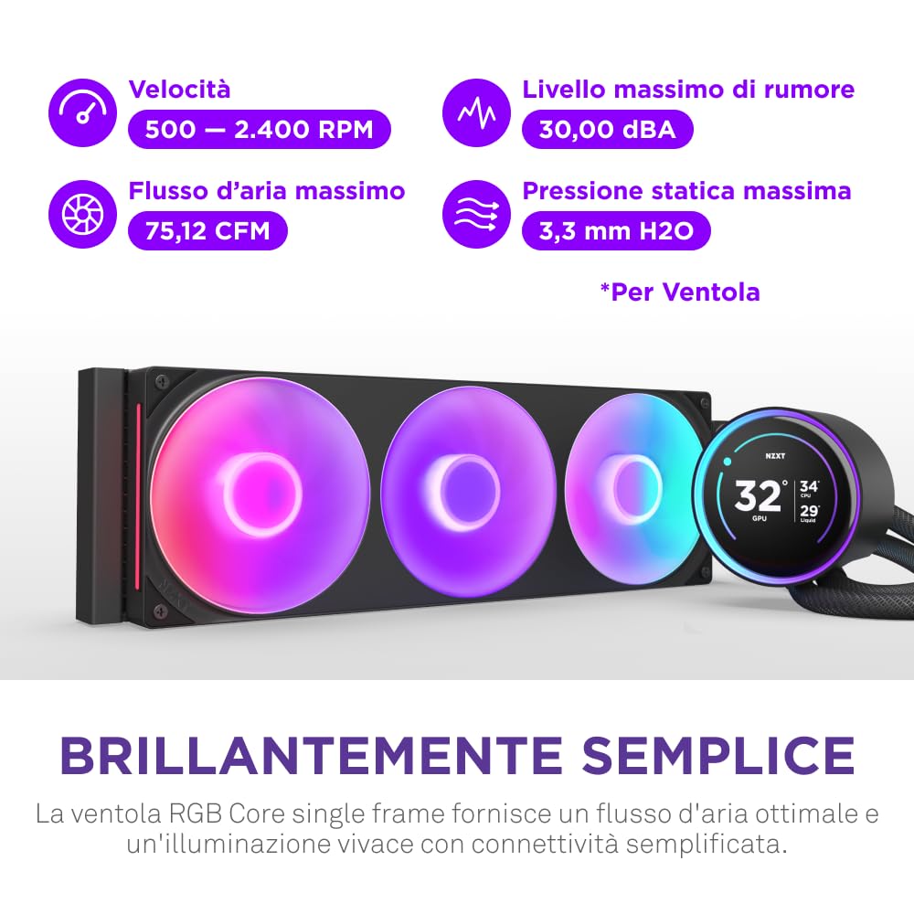 NZXT Kraken Elite 360 RGB - Raffreddamento a liquido CPU AIO 360 mm - Ventola F360 RGB Core - Display IPS LCD da 2,72" personalizzabile - Intel® LGA 1700/1200/115X/1851 - AMD® AM5/AM4 - Nero