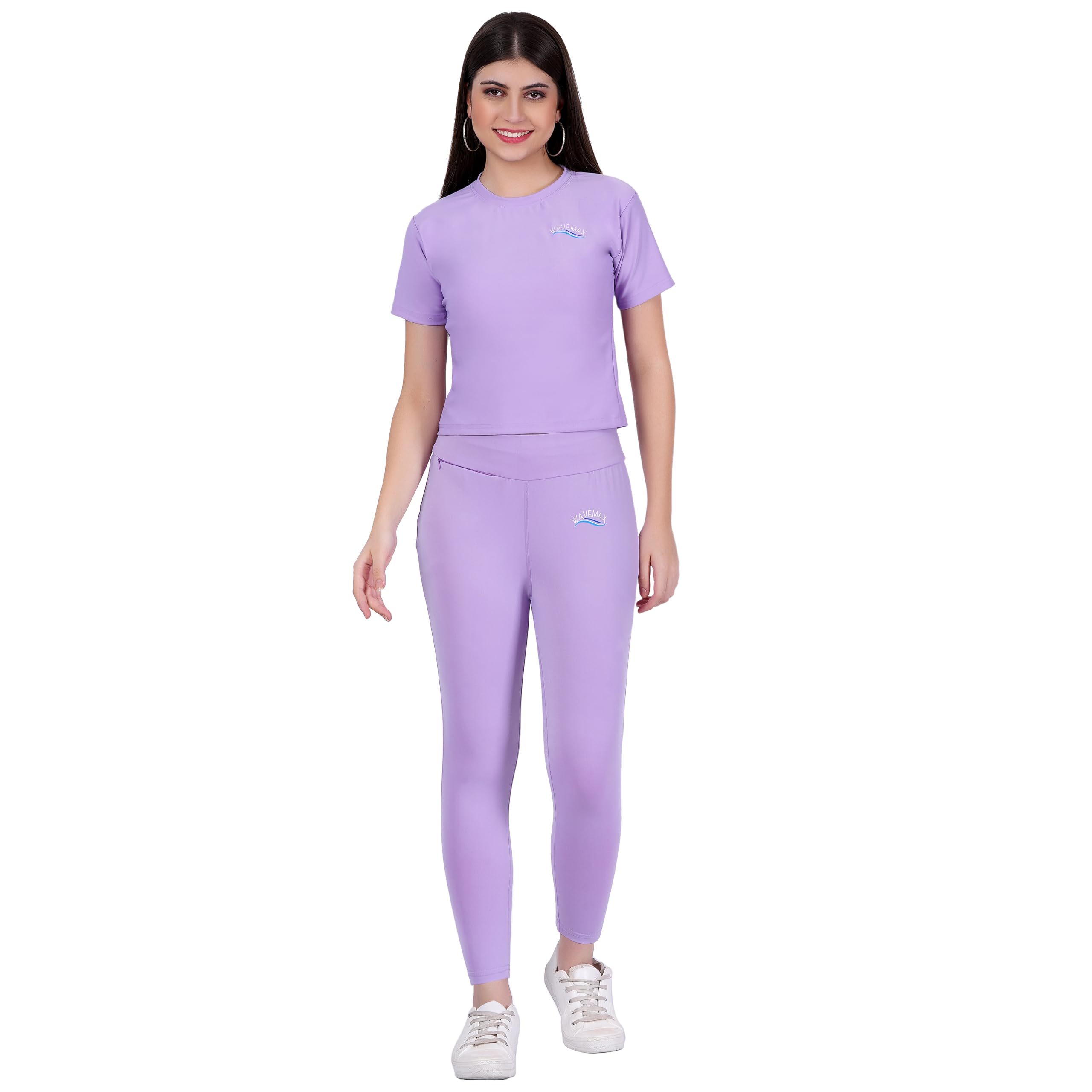 WAVEMAXTwo Piece Active Wear/Gym Wear/Yoga Wear with T-Shirt & Pant Solid Purple Colour For Women and Girls (Nylon Lycra)