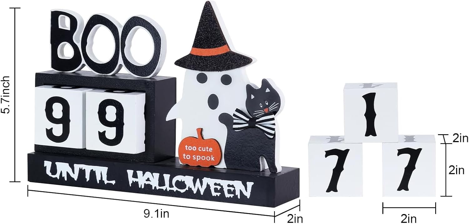 Halloween Decorations Indoor, DECSPAS Wood Halloween Countdown Calendar Halloween Decor, Two Movable Numeral Blocks for Counting 99 Days to Halloween, Ghost Ornaments Boo Sign Halloween Room Decor image 2