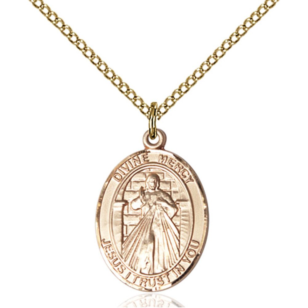 Bonyak Jewelry Saint Medal Collection Custom Engraved Gold Filled Divine Mercy Pendant 3/4 x 1/2 inches with Gold-Filled Lite Curb Chain