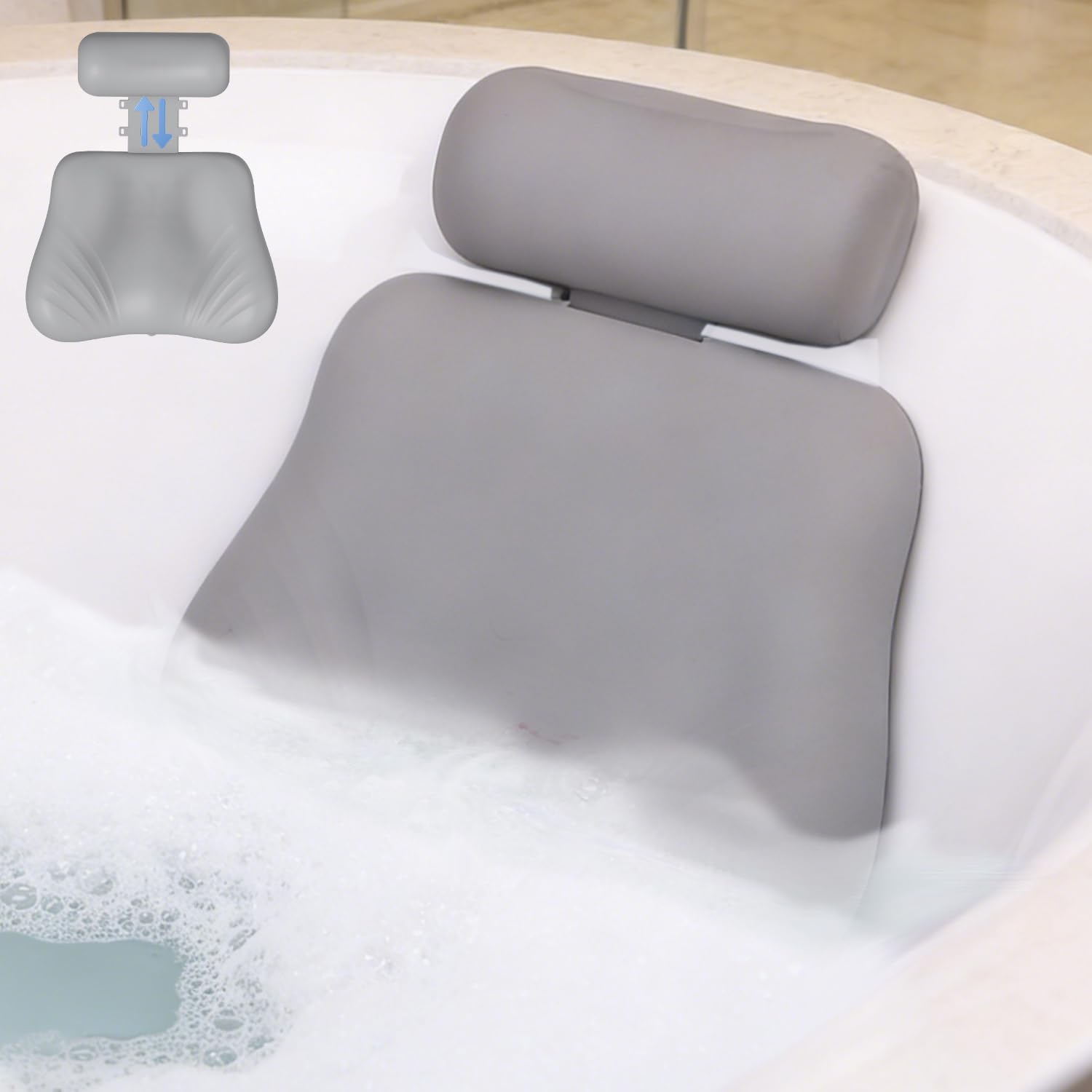 4D Silicone Bath Pillow for Bathtub, Upgraded Adjustable Bath Pillows for Head and Neck with Suction Cups, Quick-Dry and Non-Slip Bath Head Rest for Baths, Spa Gifts for Women, Mom (Grey)
