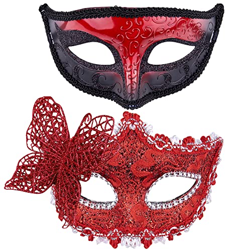 SIQUK 2 peças máscara veneziana casais máscara mulher homem máscaras de renda máscara para veneziano máscara festa de baile, vermelho