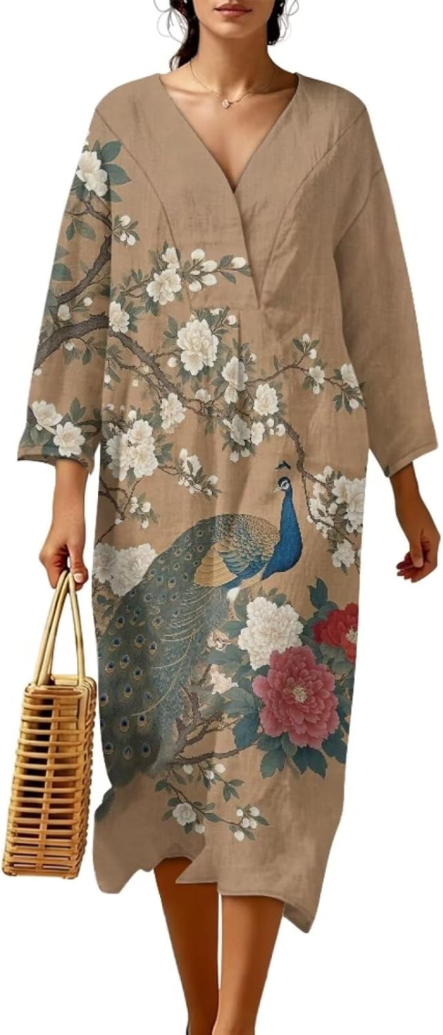 Loose Dress Midi Dresses for Women Sun Dress V Neck Dress Linen Texture for Dating