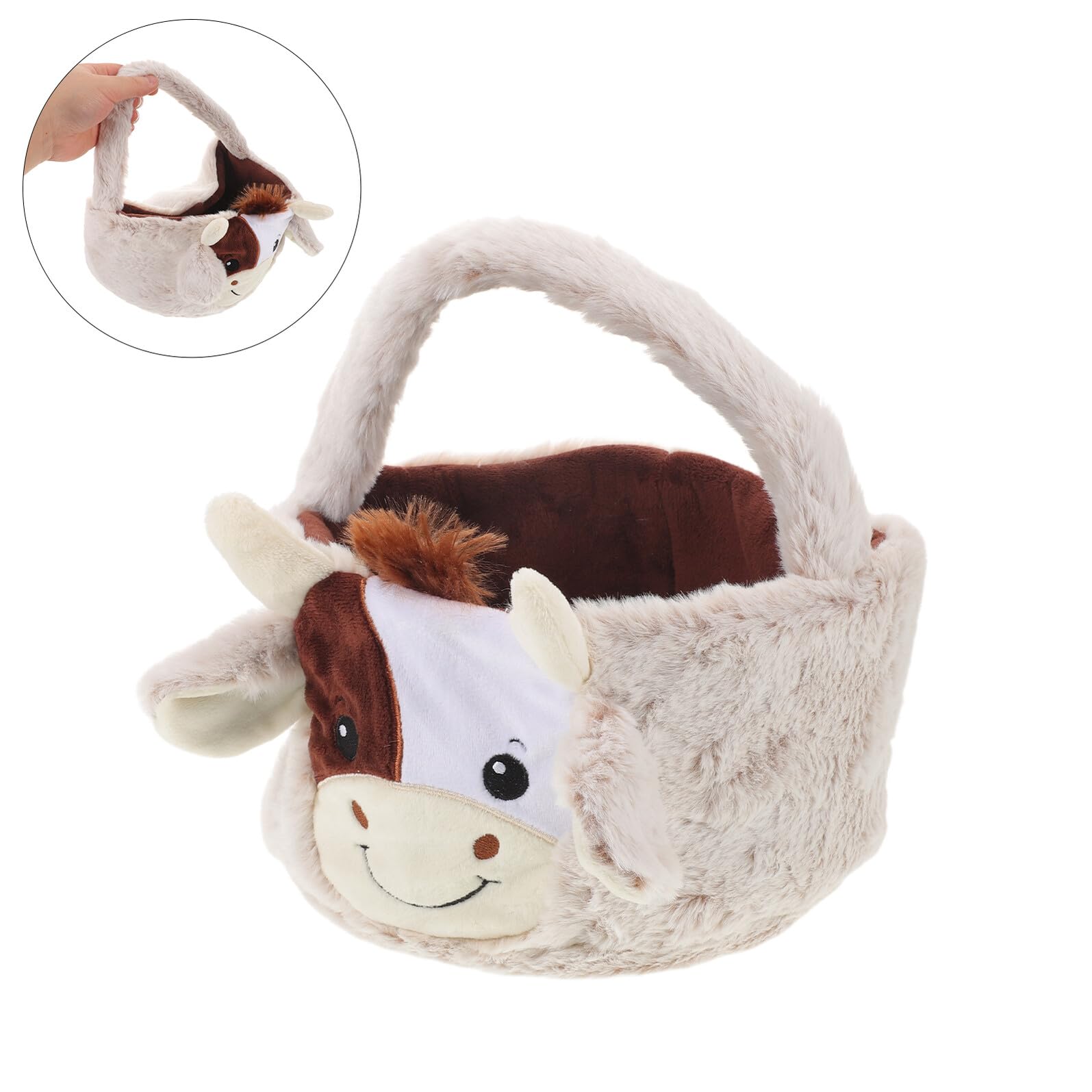 Veemoon Cestino Pasquale di Peluche a Forma di Mucca per Piccoli, Secchiello Pasquale con Manico Robusto e Ampio Spazio, Sacchetto Porta-uova per Caccia alle Uova e Decorazioni Festive