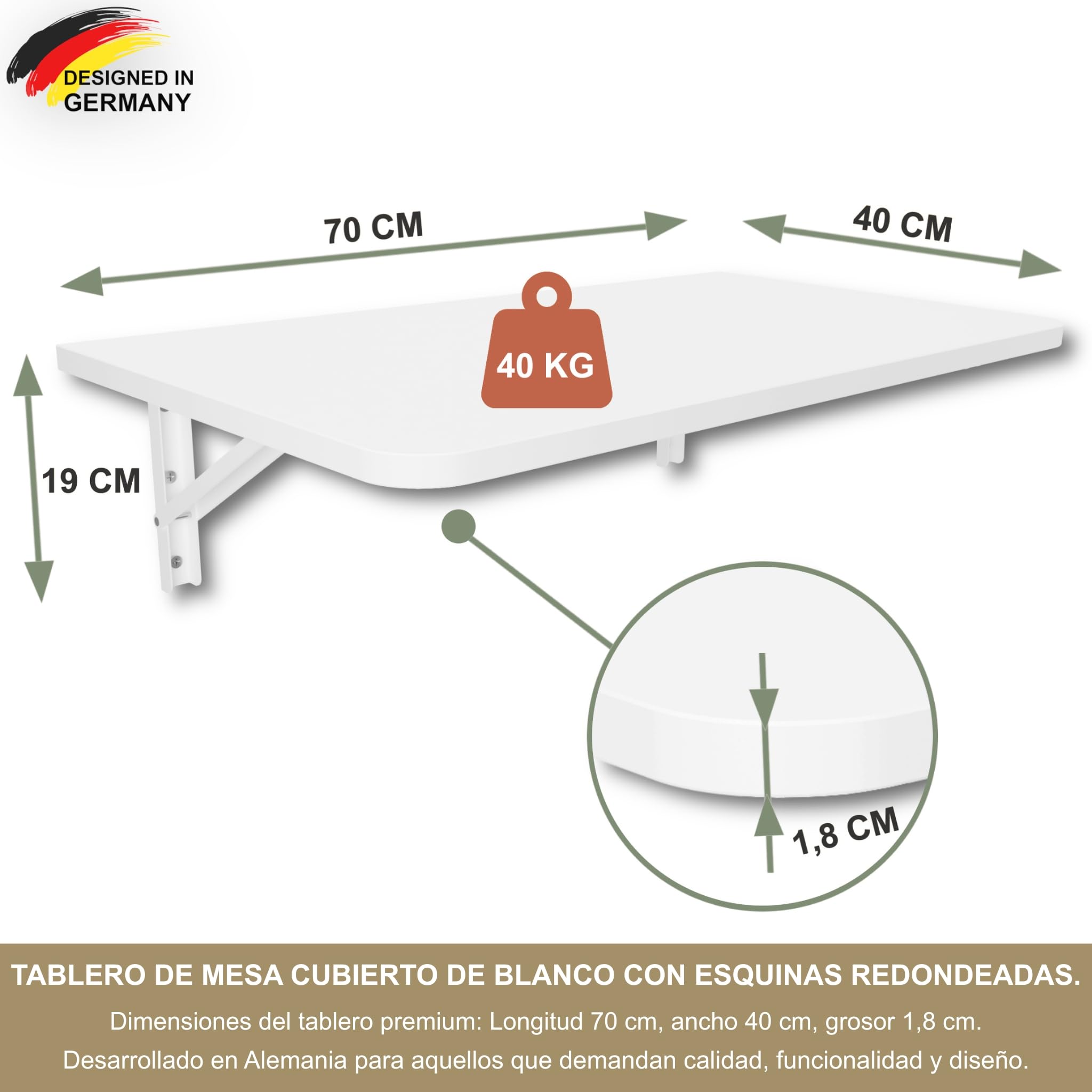 Mesa plegable de pared, 70 x 40 cm con esquinas redondeadas, mesa de comedor, mesa de cocina, mesa de bar, mesa de pared, mesa alta, mesa plegable para montaje en pared (Blanco, 70x40 cm)