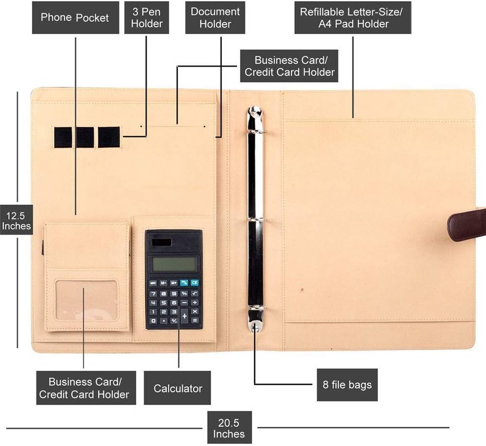 Professional Leather Portfolio Folder with Calculator Padfolio with 3 Ring Binder Mens Business Portfolio Case for Interview : Everything Else