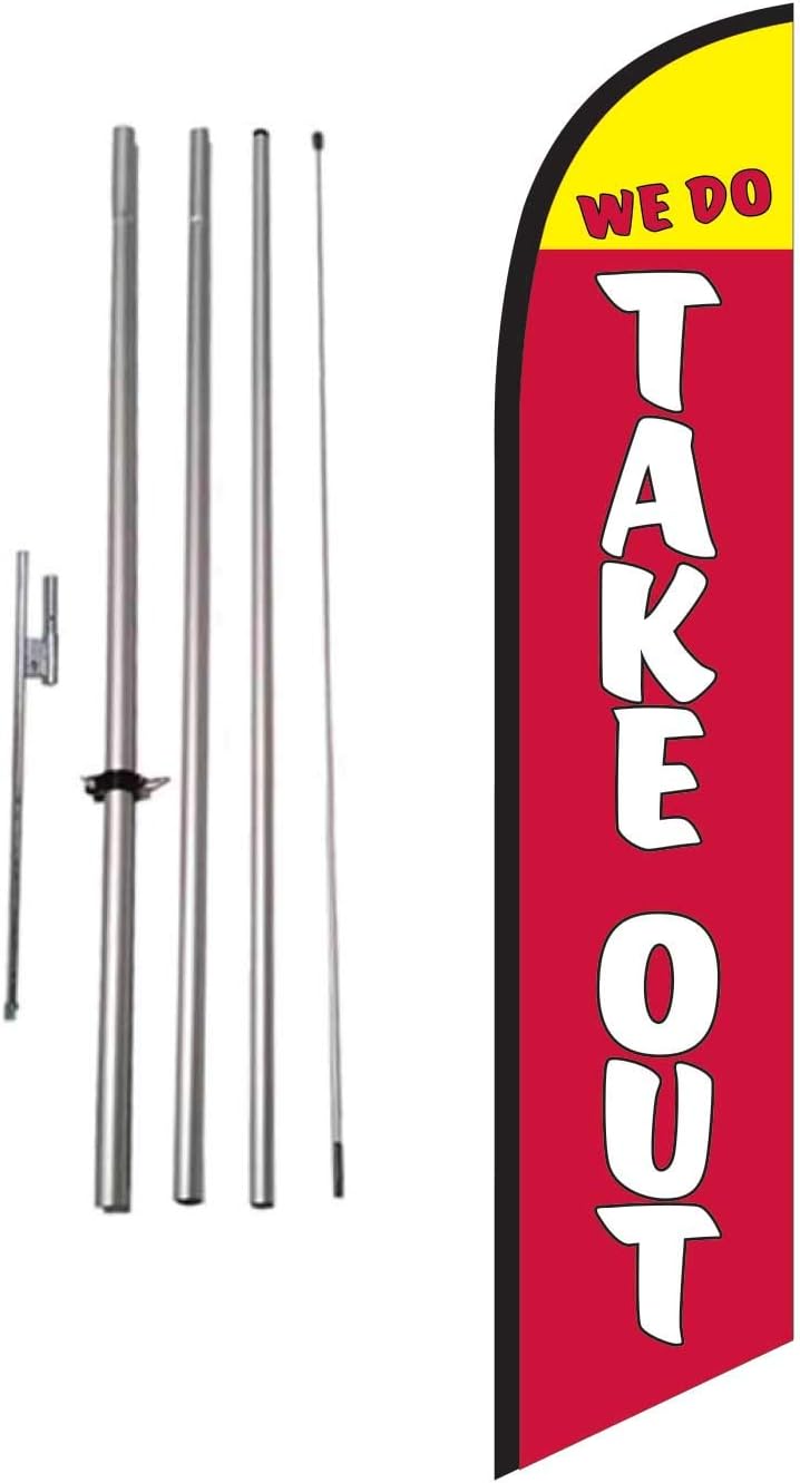 We Do Take-Out Restaurant Advertising Feather Banner Swooper Flag Sign with Flag Pole Kit and Ground Stake, Delivery, Drive-Thru, Curb Side Signs