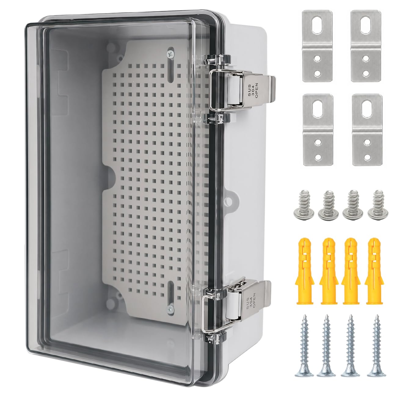 Junction Box,IP67 Waterproof Electrical Box Hinged Clear Cover Stainless Steel Latch Project Box Enclosure with Mounting Plate & Wall Bracket, Black 11.8 x 7.9 x 6.7inch(300x200x170mm) — Amazon image 22