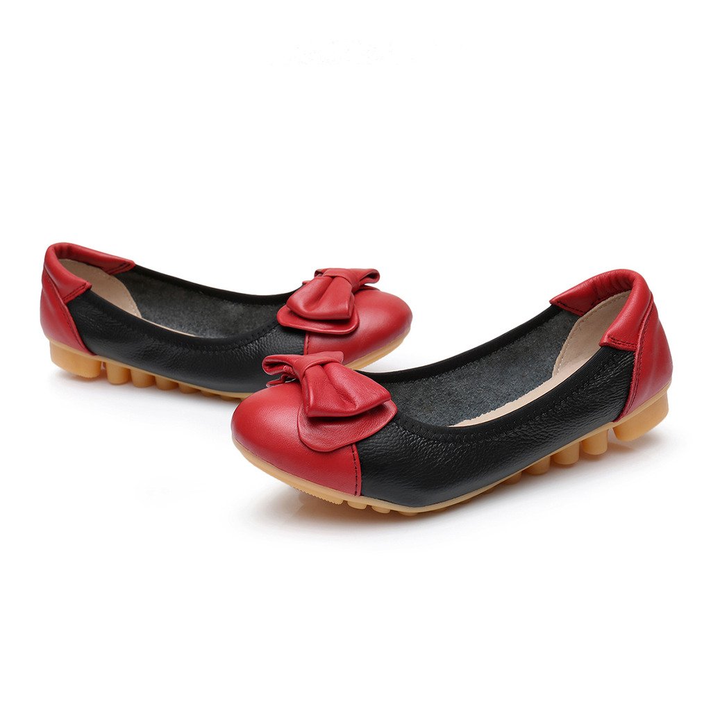 Women's 100% Genuine Leather Slip Ons Ballet Flats Shoes with Bow