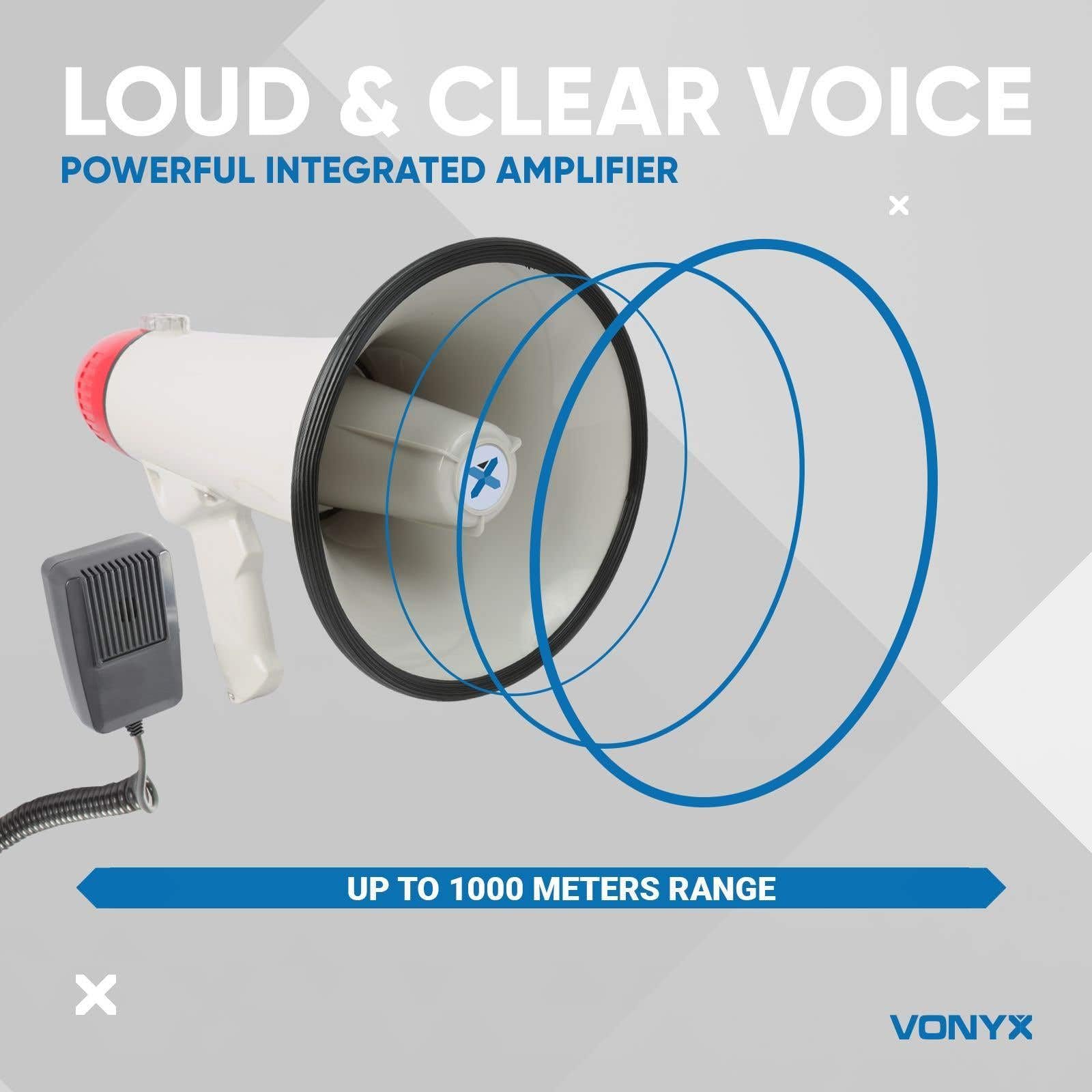 Vexus MEG040 Megafono a Batteria con Funzione Registrazione, Sirena, Cinghia e Microfono (40 Watt, Raggio 1 KM, Microfono Rimovibile, Leggero)