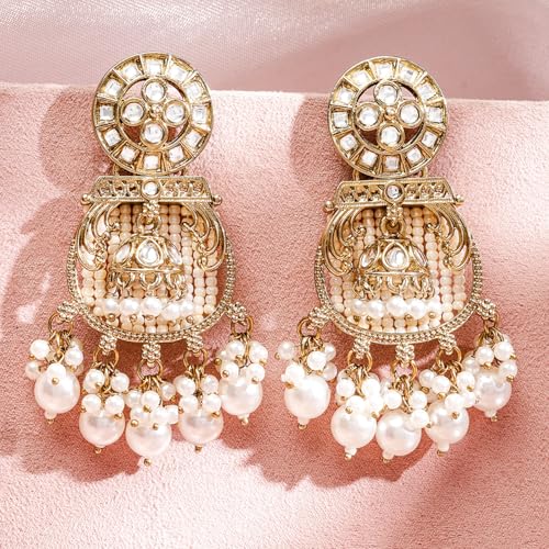Image of Rubans Long Dangler Earrings Kundan & Pearl Ethnic Jewellery Gift for Women & Girls