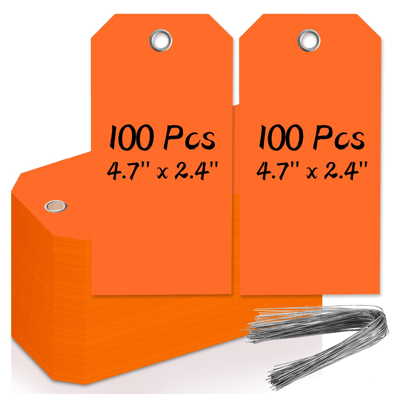100 PCS 4 3/4" x 2 3/8" Neon Color Shipping Tags with Wire Blank Heavy Duty Hang Tags with Reinforcement Holes Writable Luggage Tag with String Marking Tags (Neon Orange, 4 3/4" x 2 3/8")