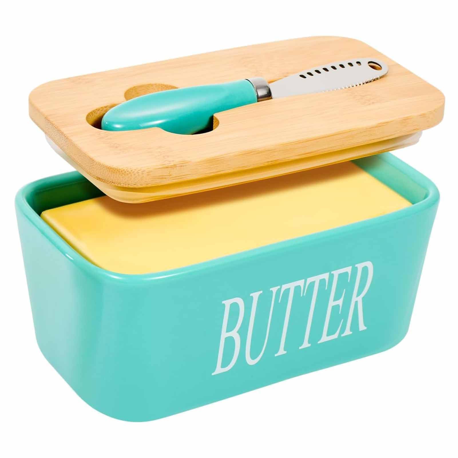Haayymo Green Butter Dish with Lid 650ml,Butter Dishes with Covers,Covered Butter Dish for Countertop,Large Butter Dish with Knife Fliptop Butter Dish,Wide Butter Dish,Ceramic Butter Dish（Green）