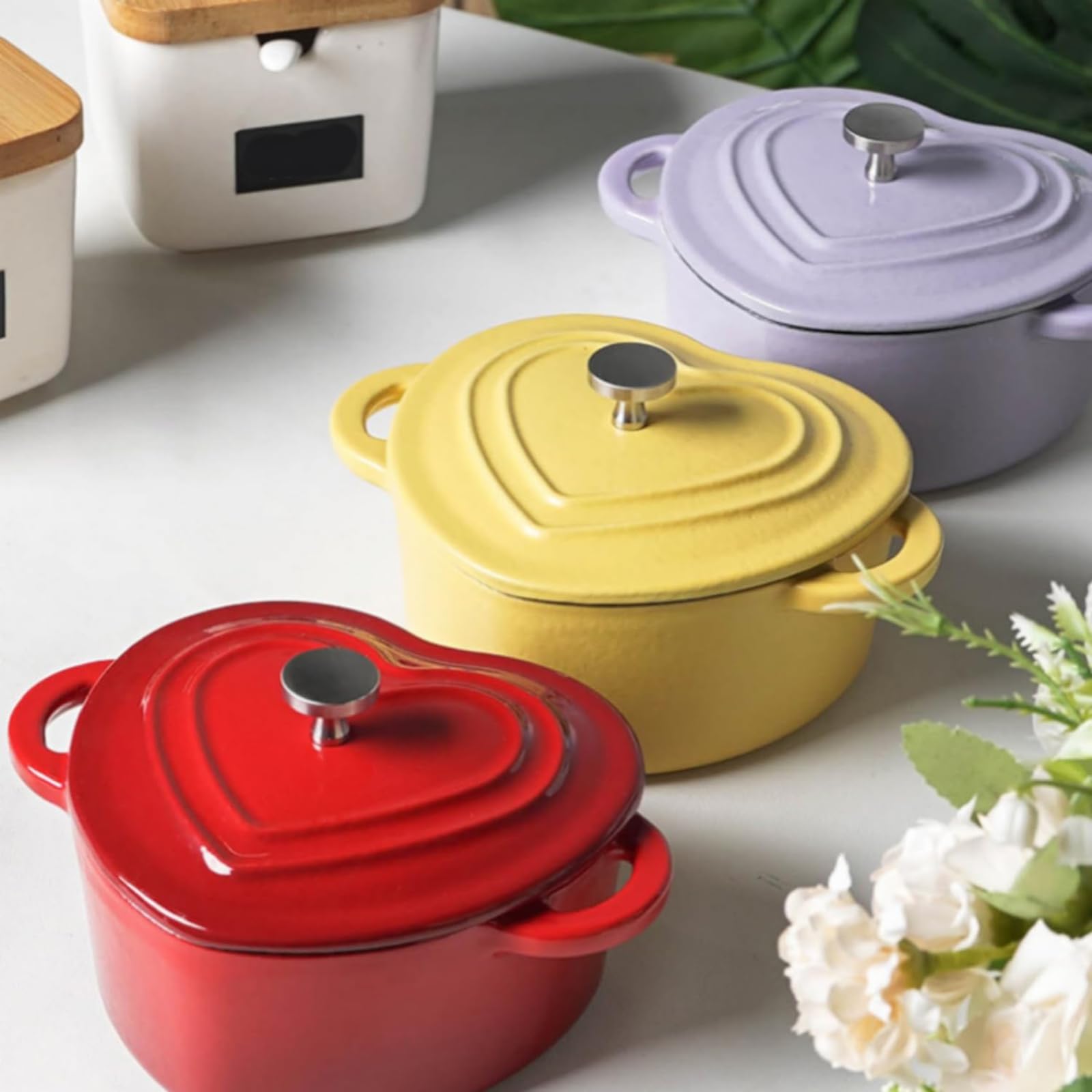 Yellow,Mswborml Non-Stick Enameled Cast Iron Heart-Shaped Skillet with Lid, Mini Love Pot with Double Handle, Dutch Oven Pot Small, Cast Iron Pot for Cooking, Bread Baking Oven Safe to 500°F, 500ml