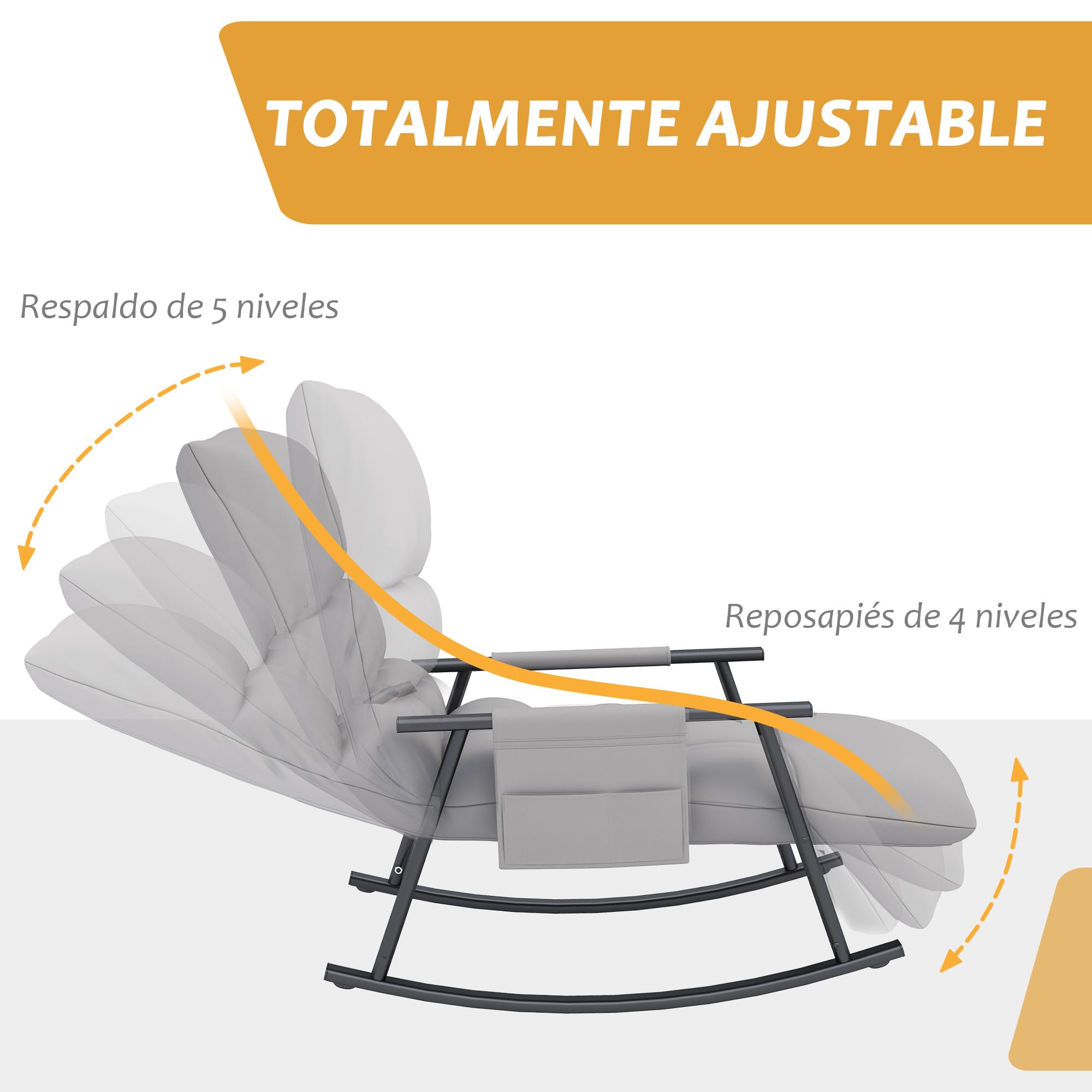 HOMCOM Silla Mecedora con Respaldo y Reposapiés Regulables, Sillón Balancín con Bolsillo, Marco de Acero, Soporta 120 kg, para Salón y Dormitorio, Gris