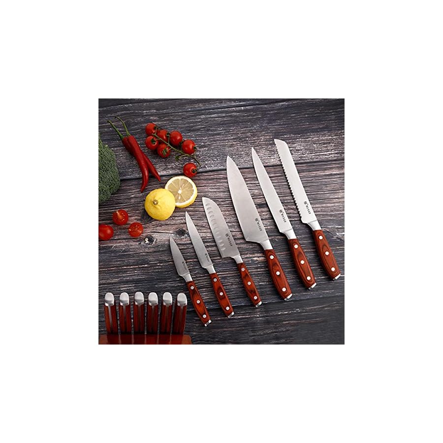 HISSF Kitchen Knife Set 18 Piece German High Carbon Stainless Steel Kitchen Knife Sets with Wooden Block, Full Tang Triple Rivet kitchen Knife Block Set for Gift, Chef Knife Set